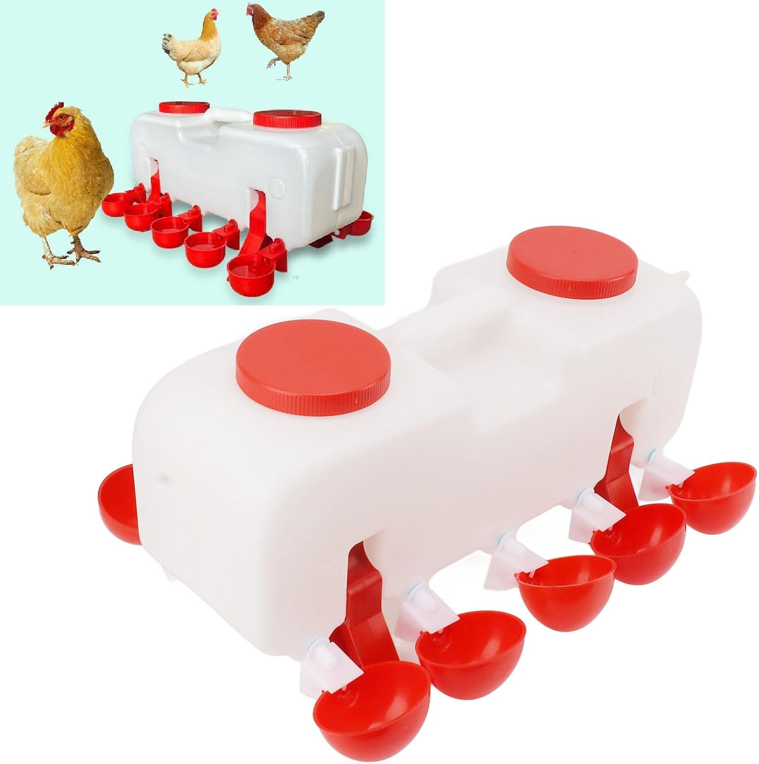 Chicken Waterer, 10L Large Capacity Chicken Water Feeder with 10 Water Cups, Neatly Arranged Bracket for Poultry Drinking Cups, for Chicken, Duck, Goose image number 5