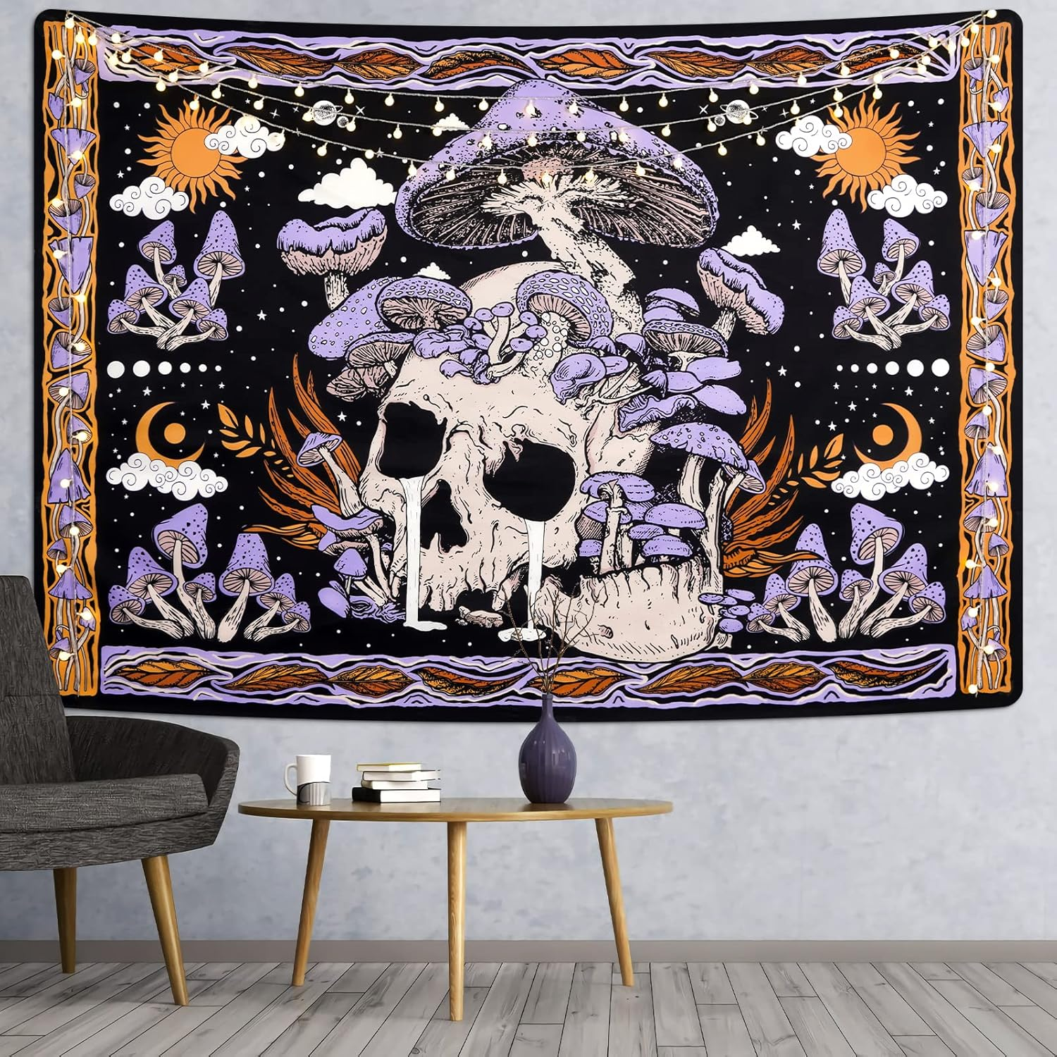 Uspring Mushroom Tapestries Skull Skeleton, Leaves, Large Purple Tapestry for Bedroom, Wall Hanging for Room (51.2 X 59.1 Inches) image number 6