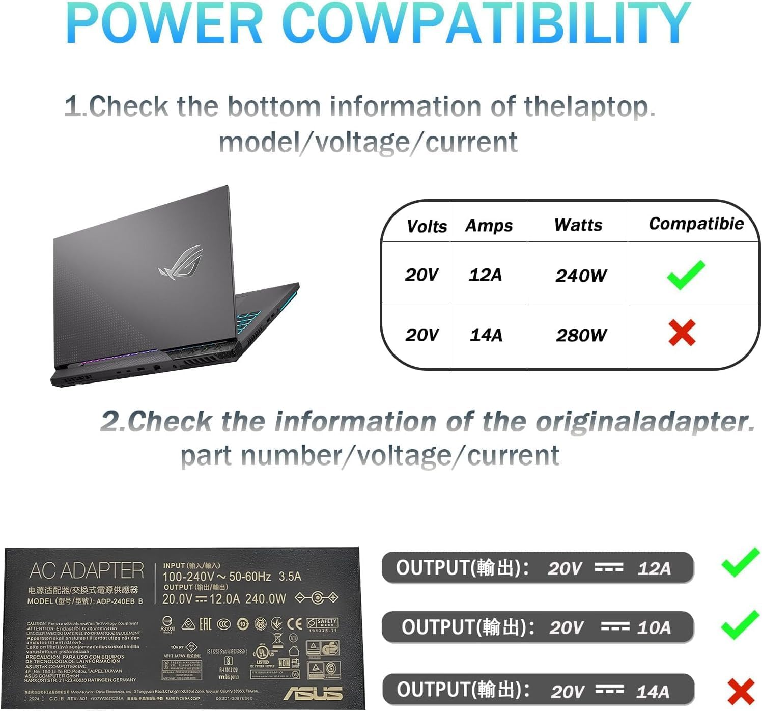 240W Zephyrus Charger ADP-240EB B Fit for Asus Rog Zephyrus G14 G15 M16 G16 S15 S17, Rog Flow X16 GV601, Rog Strix Scar Charger, Asus 240W Charger image number 1