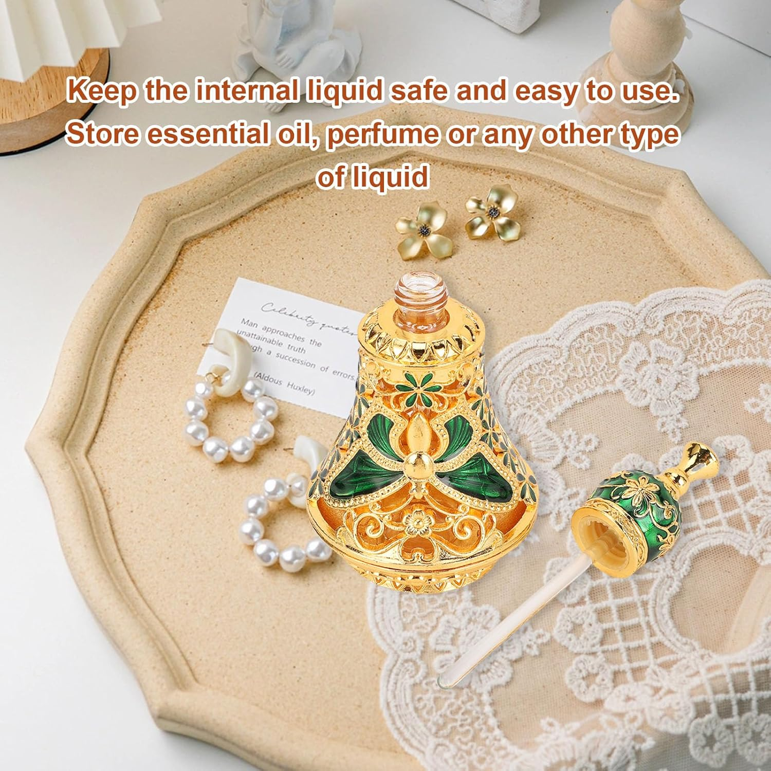 Haofy Pattern Vintage Refillable Perfume Bottle Middle Eastern Style Oil Bottle, Zinc Alloy Material Suitable for Essential Oils, Fragrances, Liquid Cosmetics Vintage Perfume Bottle (Gold+Green) image number 1