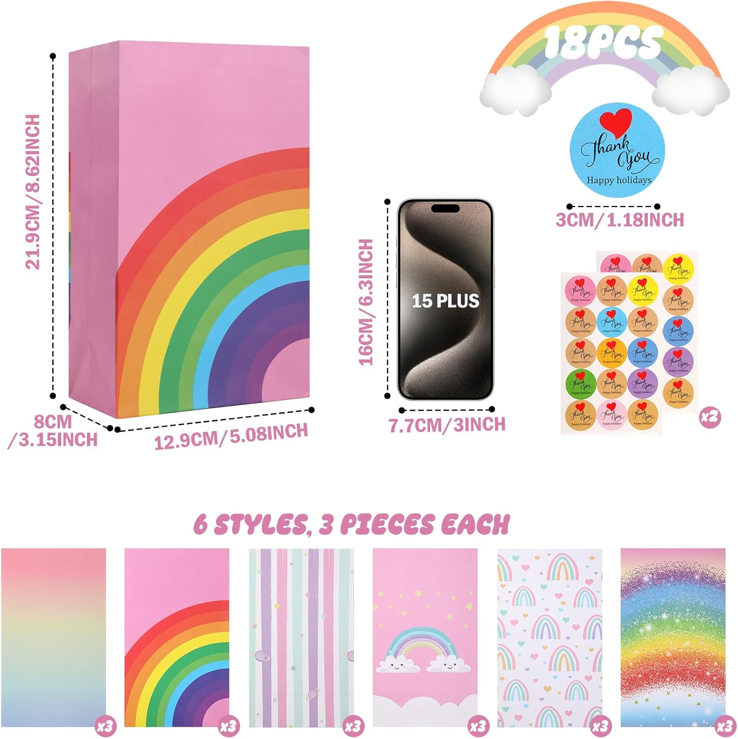 Secpeak Gift Paper Bags, 18 Pcs Small Birthday Gift Bags with 30 Stickers,Rainbow Paper Bags Goody Cookie Bags Bulks for Kids Girls Classroom Party, Wedding Holiday Party Favor - 22 X 13 X 8Cm image number 3