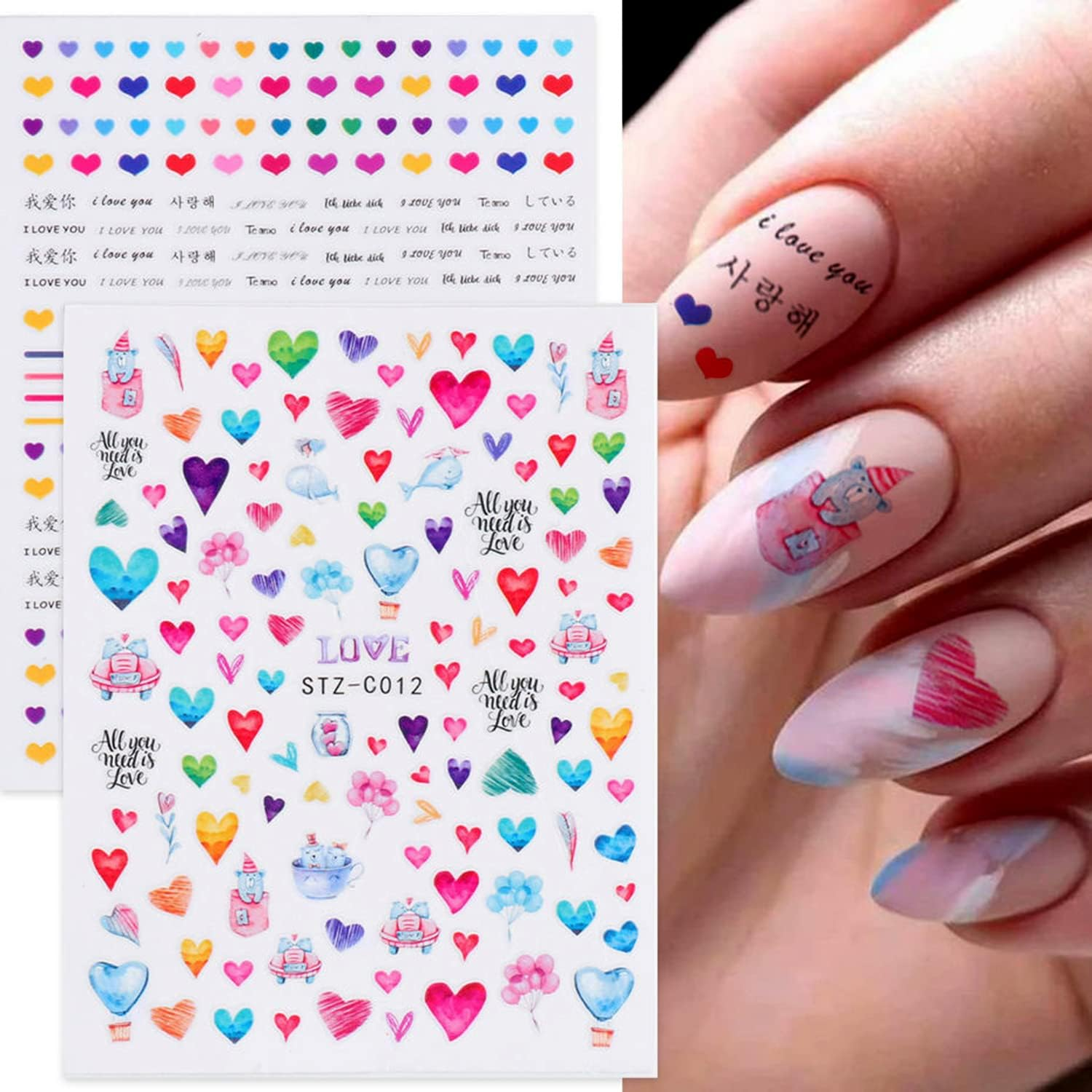 Love Heart Nail Art Stickers, Colorful Hearts Nail Decals 3D Self-Adhesive Nail Sticker Design Holographic Valentine'S Day Love Nail Art Supplies for Women Girls Manicure Charms Decoration(9 Sheets) image number 1
