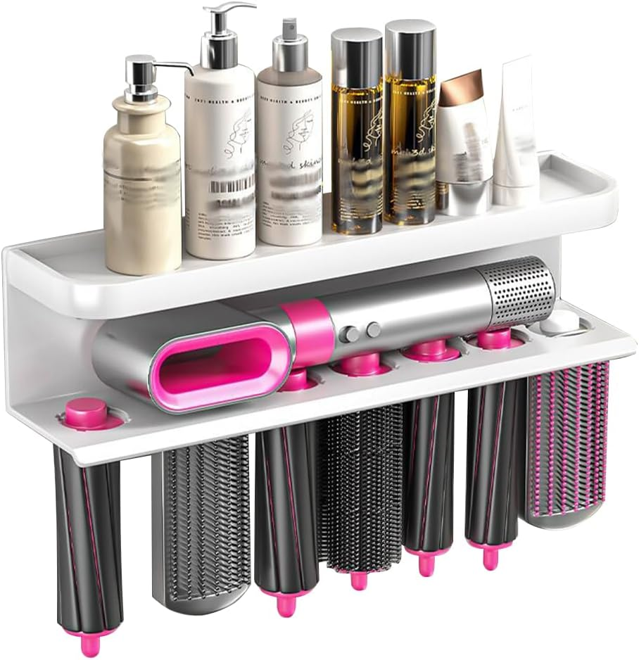 Wall Mounted Holder Compatible with &ndash; Space Aluminum 2-Tier Storage Rack for Curling Iron, Hair Dryer & Attachments &ndash; Bathroom Organizer Shelf image number 3