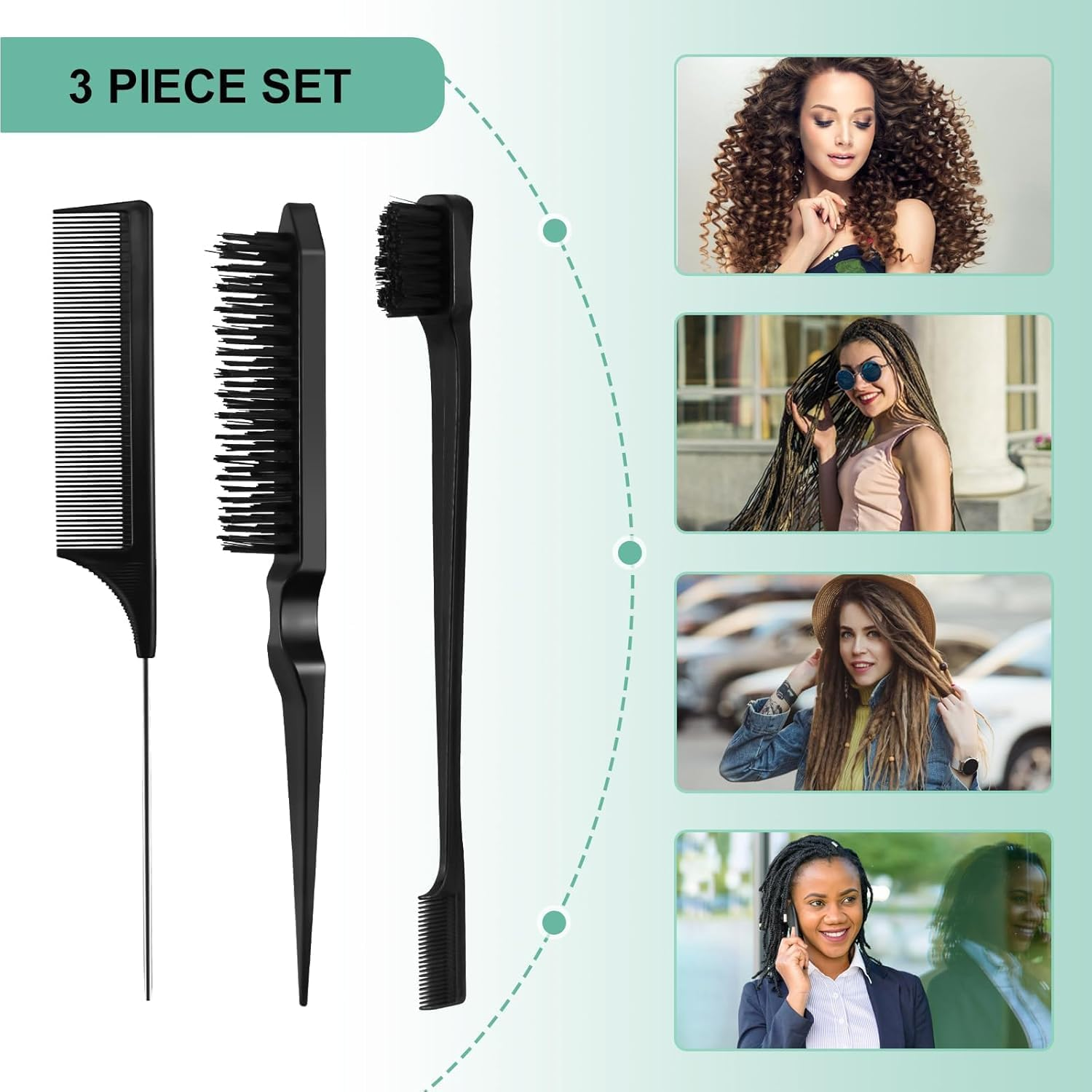 Comb Set, Black Comb,3 Pcs. Slick Back Hair Brush,Slick Back Brush with Edge Brush, Styling Comb for Kids for Middle Part，Rat Tail Comb, Teasing Brush Set for Smoothing Brush Baby Hair image number 2