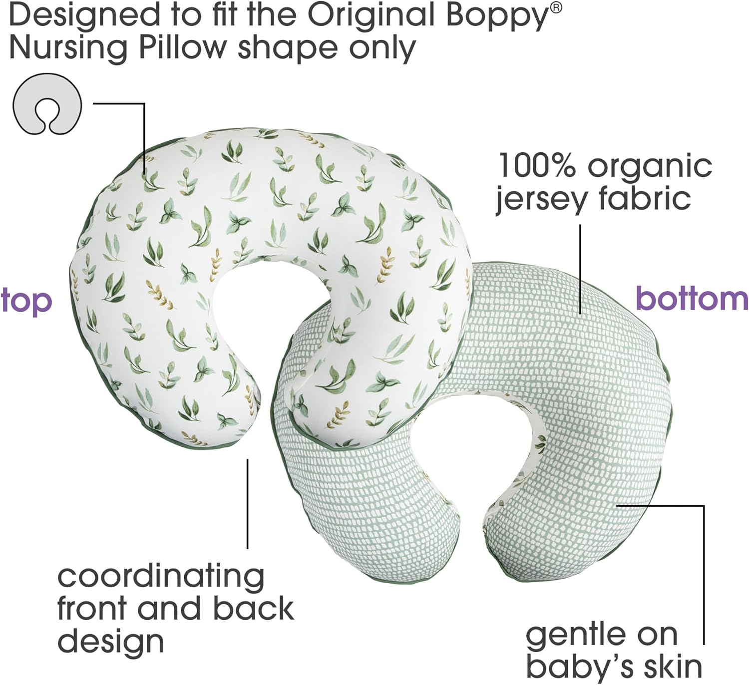 Boppy Organic Original Support Nursing Pillow Cover, Green Little Leaves, 100% Organic Cotton Jersey Cover Fits All Boppy Original Nursing Supports for Breastfeeding and Bottle, Cover Only image number 3