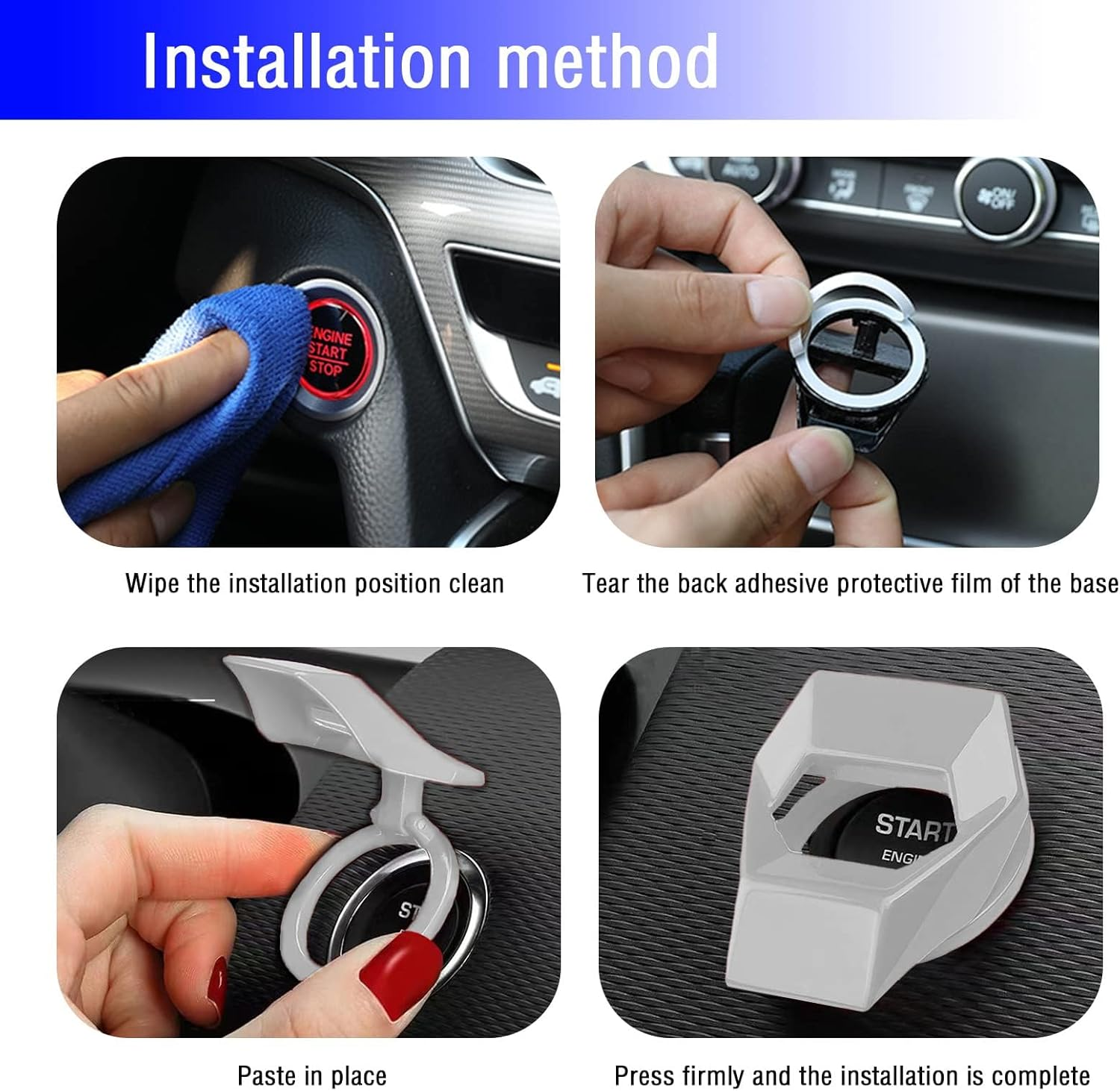 Universal Carbon Fiber Engine Start/Stop Button Cover, Aluminum Alloy Car Power Control Trim, Push to Start Button Cover Key Protective Cover for Civic CRV XRV Challenger Charger CHR (Silver) image number 3
