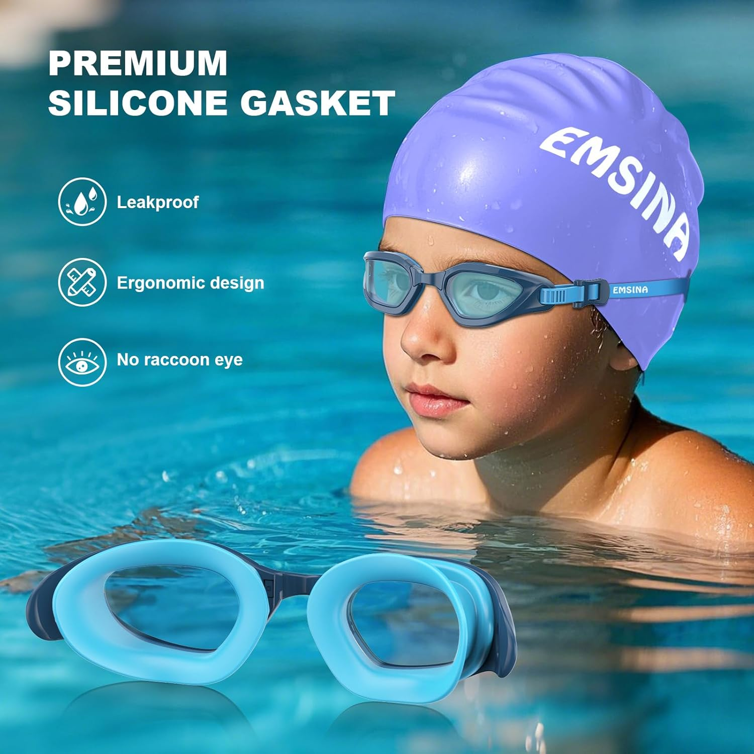 Emsina Kids Swim Goggles,Super Anti-Fog, No Leaking Pool Goggles,Swimming Goggles for Kids Age 5-14 Boys and Girls - Light Pink With Cap image number 3