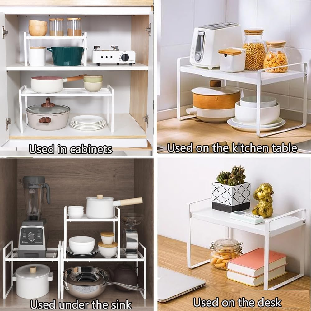 Kitchen Cabinet Organiser, Shelf Insert with Non-Slip Mat, Kitchen Cabinet Insert, for Kitchen/Bathroom/Tabletop/Sideboard (White) - White image number 5