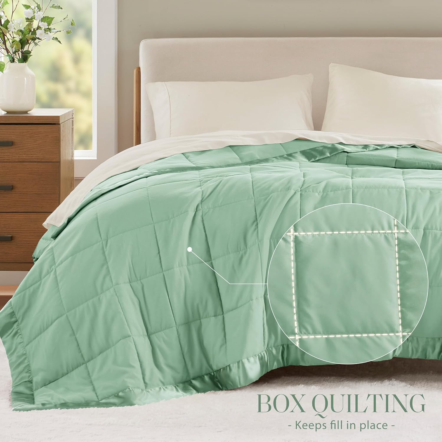 Madison Park Windom down Alternative Blanket, Premium 3M Scotchgard Moisture Wicking Treatment, Lightweight and Soft Bed Cover for All Season, Satin Trim, Seafoam Full/Queen