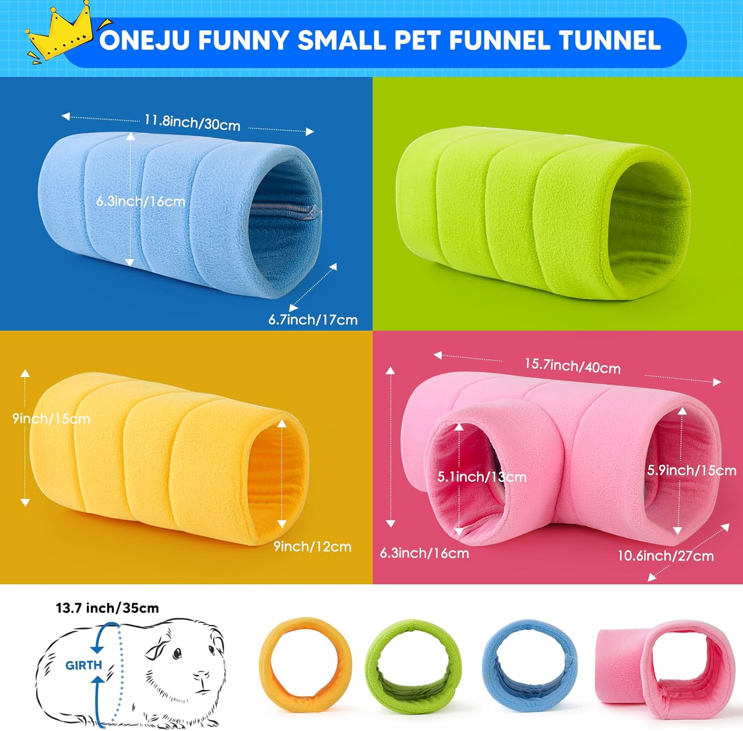ONEJU Guinea Pig Tunnel, Four Stackable Tunnel for Guinea Pig, One Pink Guinea Pig 3-Way Tunnel and Three Different Color Guinea Pig 2-Way Play Tube, Pink, Blue, Green and Yellow image number 1