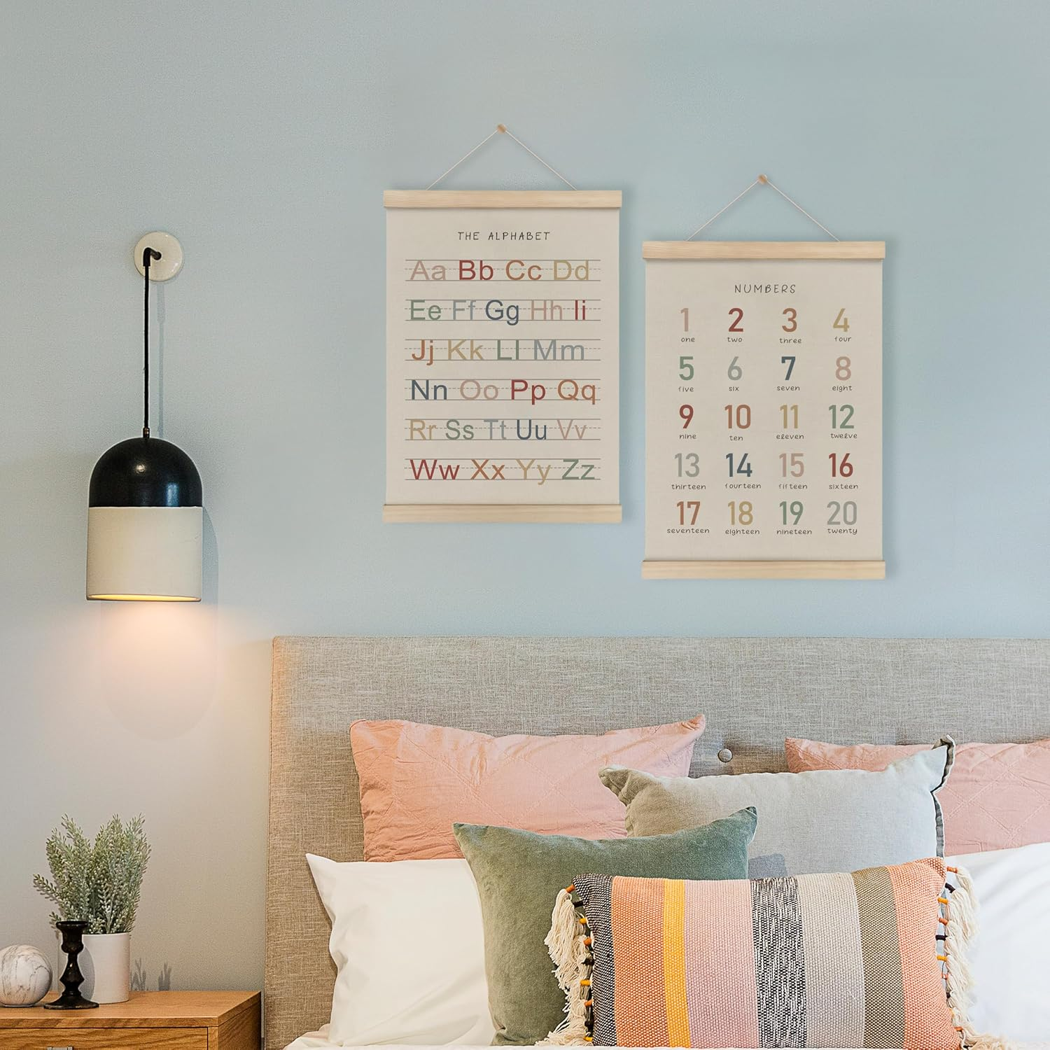 Alphabet Numbers Poster Hanger Frame Set of 2, Nursery Wall Decor, ABC Banner Poster Wall Art with Wooden Frames, Alphabet Banner Wall Hanging Decor for Toddler Playroom Nursery, 12X16 Inch image number 7