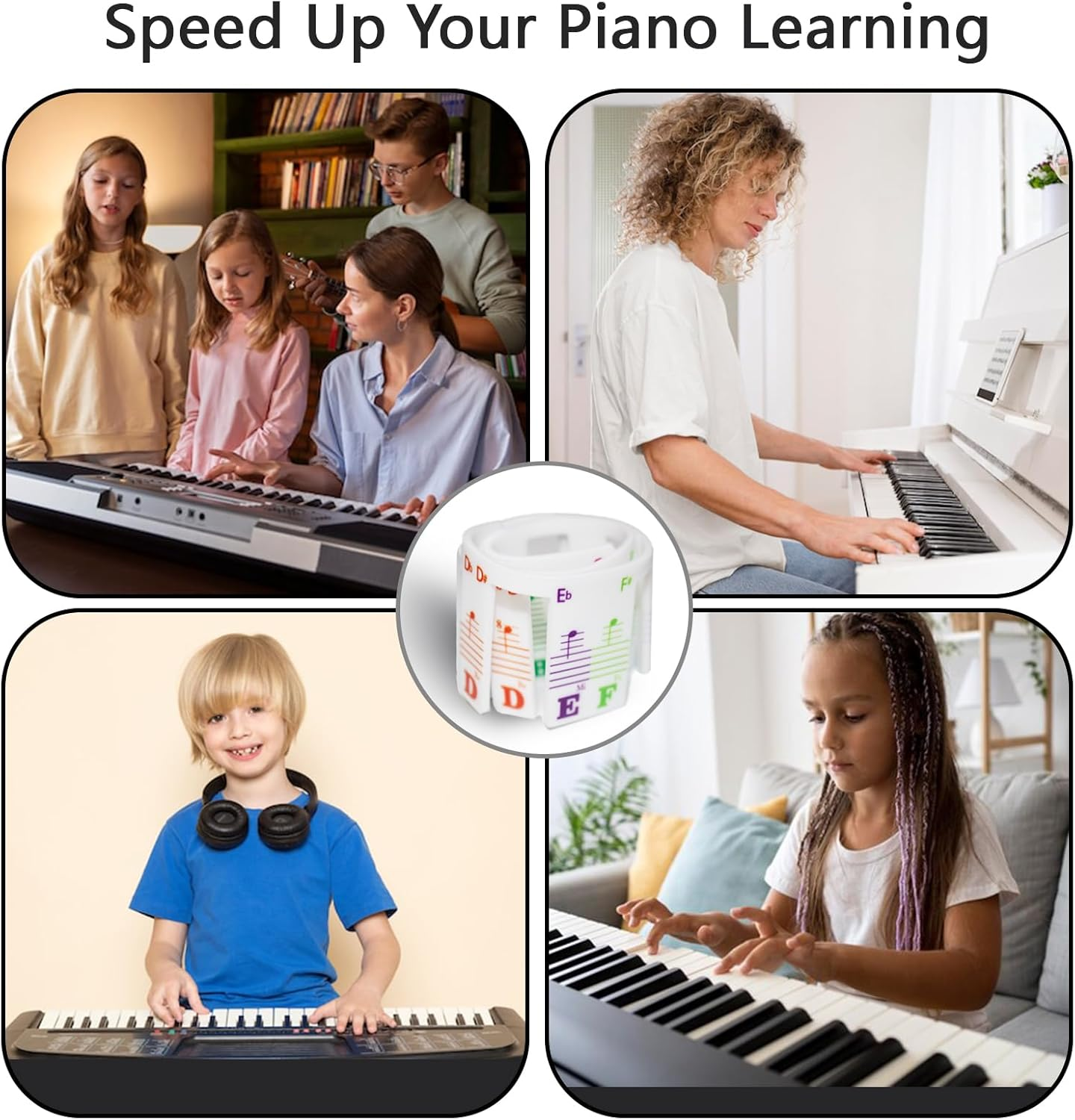 Silicone Piano Key Labels, Azymi Piano Note Guide 88-Key Full Size, Reusable Keyboard Notes Overlay Strips for Beginners with Multi-Color Large Bold Letter