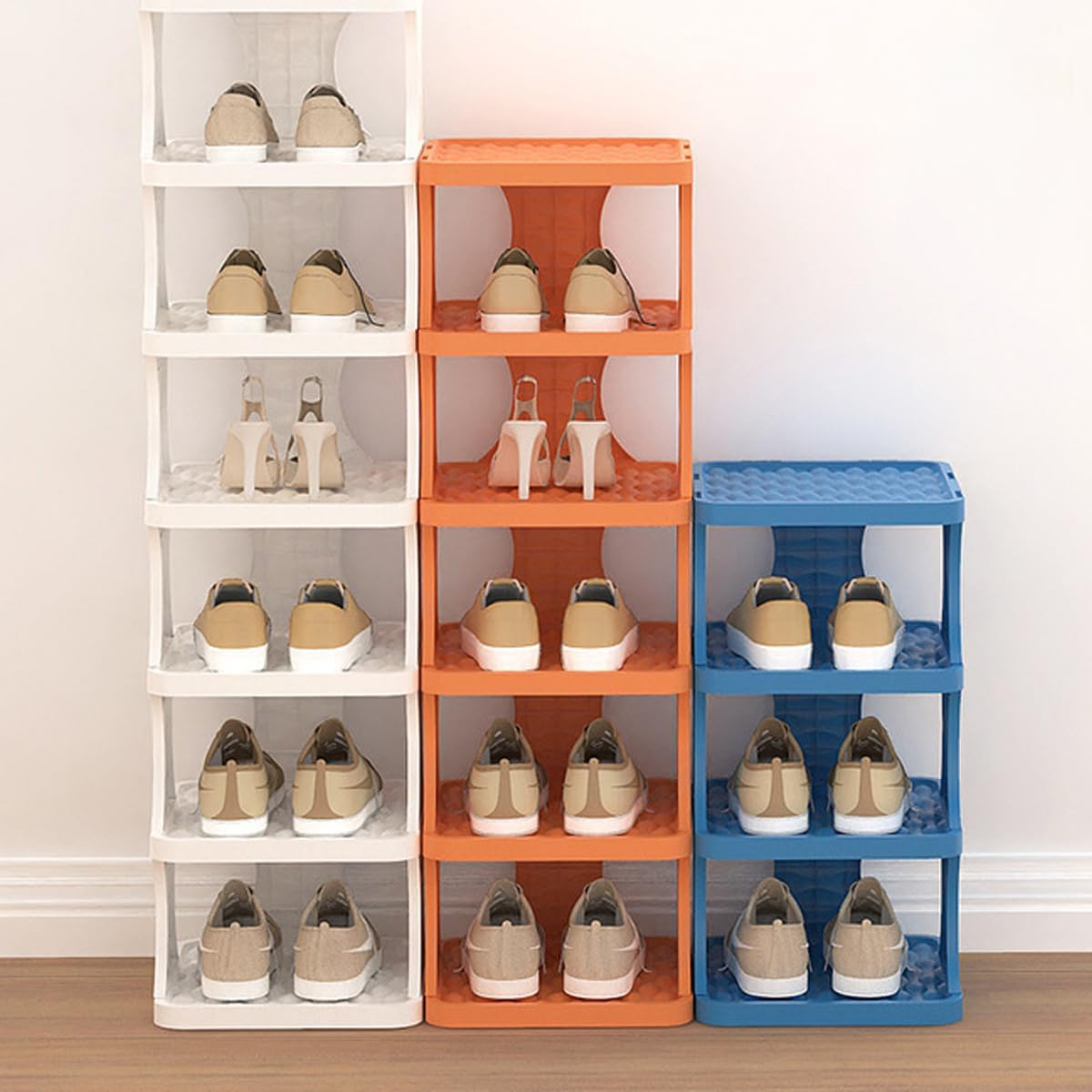 AIMALL Multi-Layer Folding Shoe Rack, Compact Narrow Design for Home Entrance, Dormitory, Corridor, with Stable Load Bearing, Easy Assembly, Blue/Orange/White