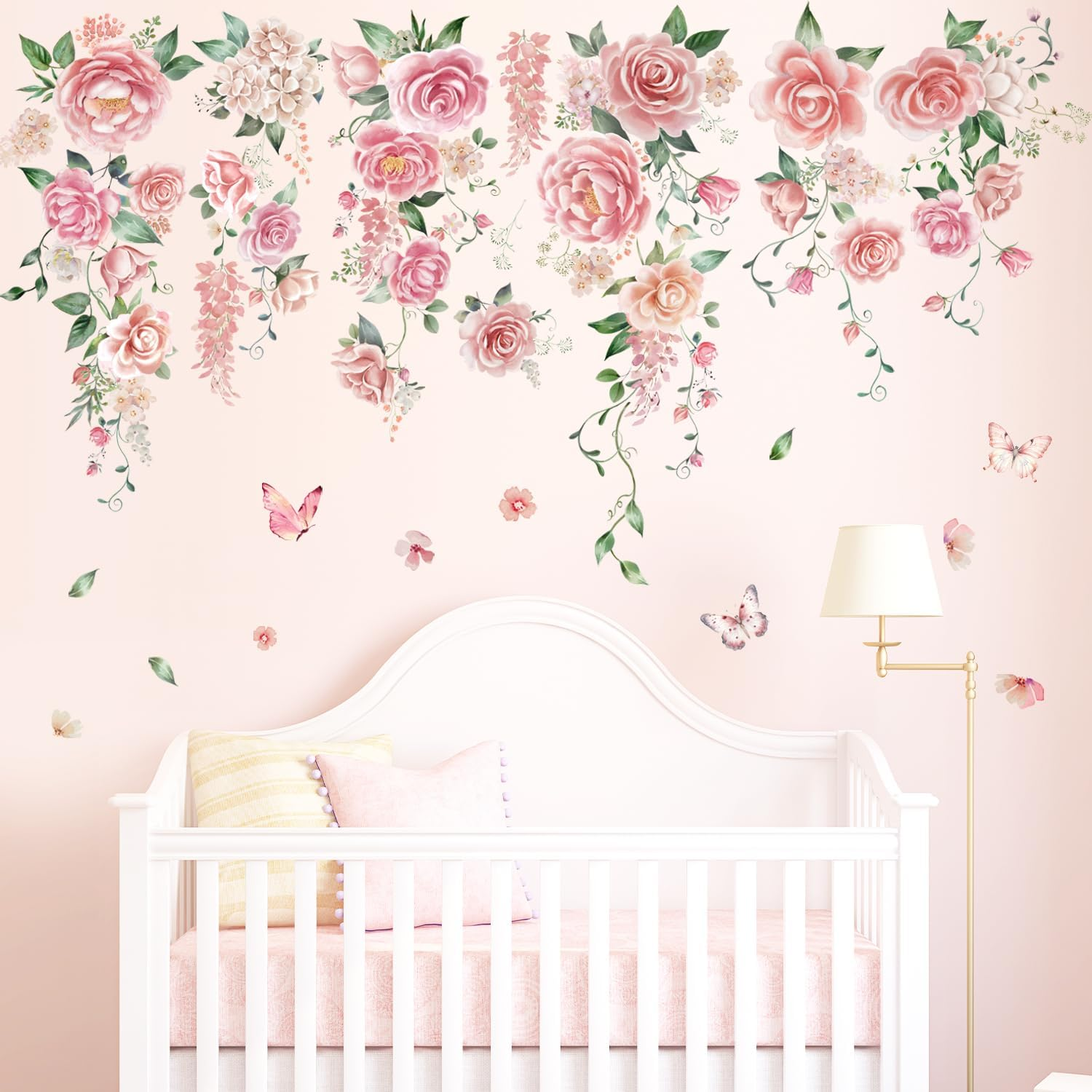 DECOWALL SG3-2428 Rose Vine Wall Stickers Room Decals Bedroom Living Flower D&eacute;cor Art Floral Pink Tv Decoration Butterfly Nursery Peel and Stick image number 5
