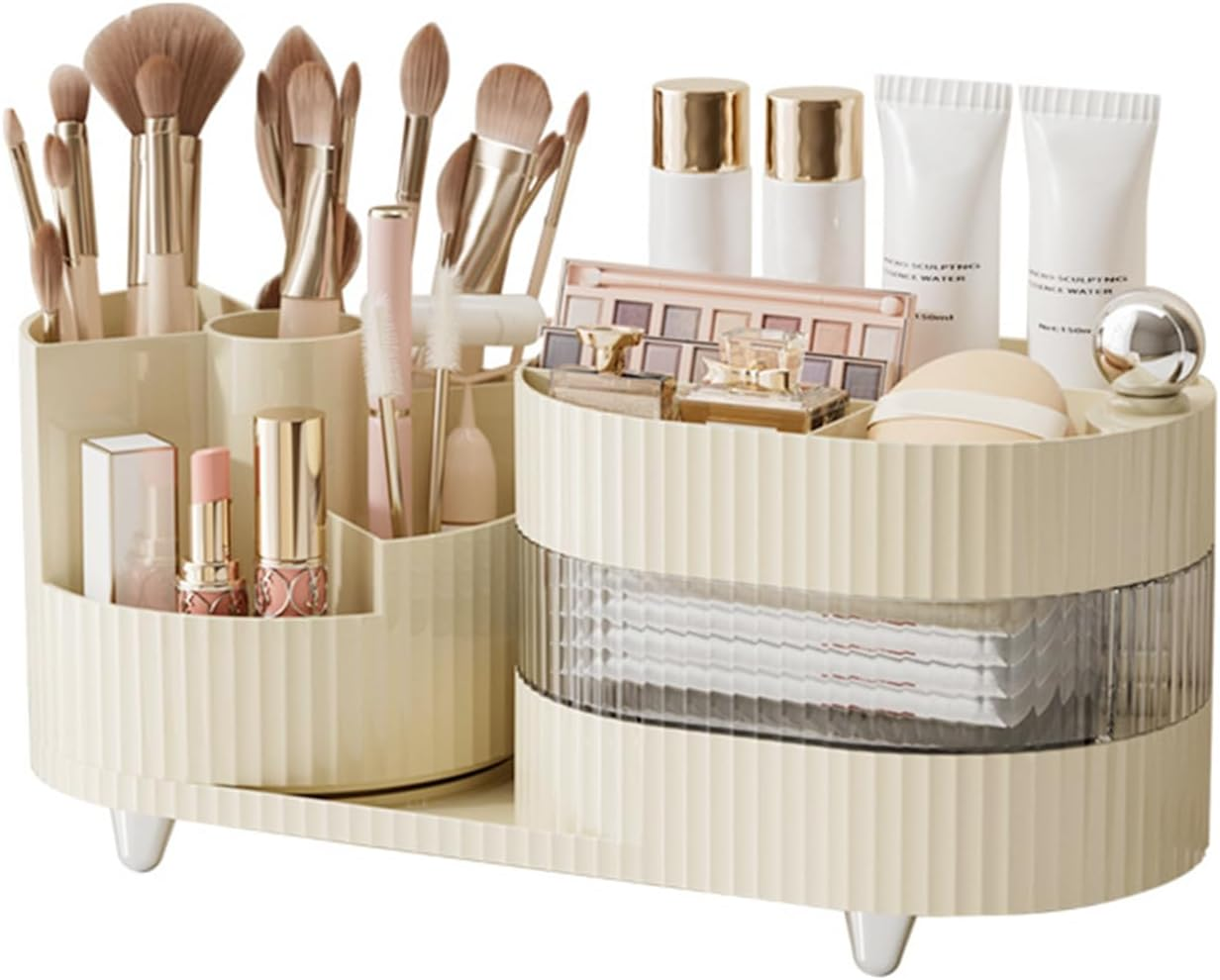 DASITON Makeup Organizer Countertop,360&deg; Rotating Makeup Brush Holder Organizer,Large Capacity Cosmetic Display Case with Drawers,Makeup Storage Organizer for Vanity,Desktop,Bathroom(Cream 02) image number 1