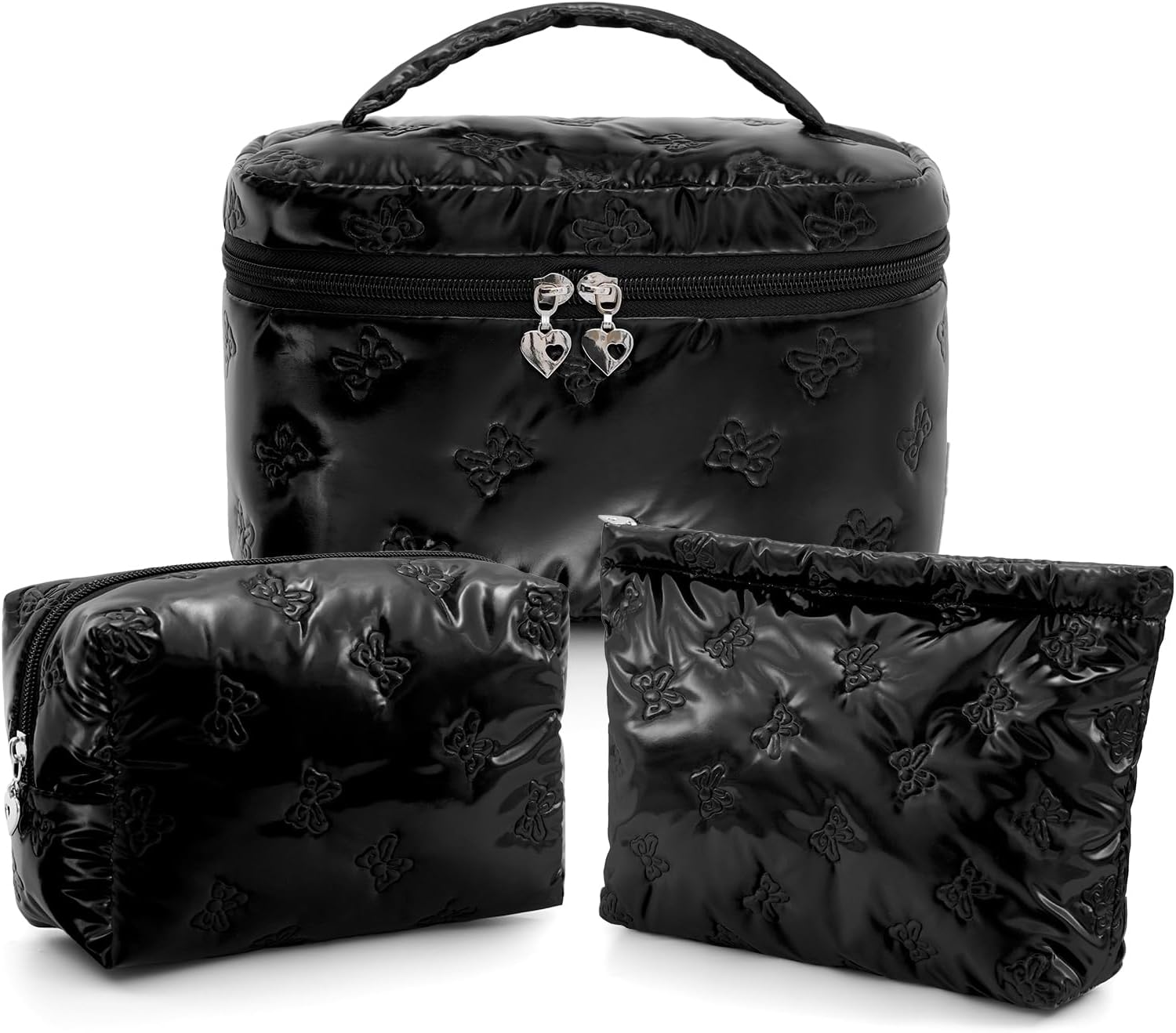 Makeup Bag，3 PCS Cosmetic Bags Set，Large Capacity Quilted Makeup Bag for Women with Bow Butterfly Pattern，Cute Cotton Makeup Bag Set，Waterproof Travel Toiletry Organizer Bag (Black)