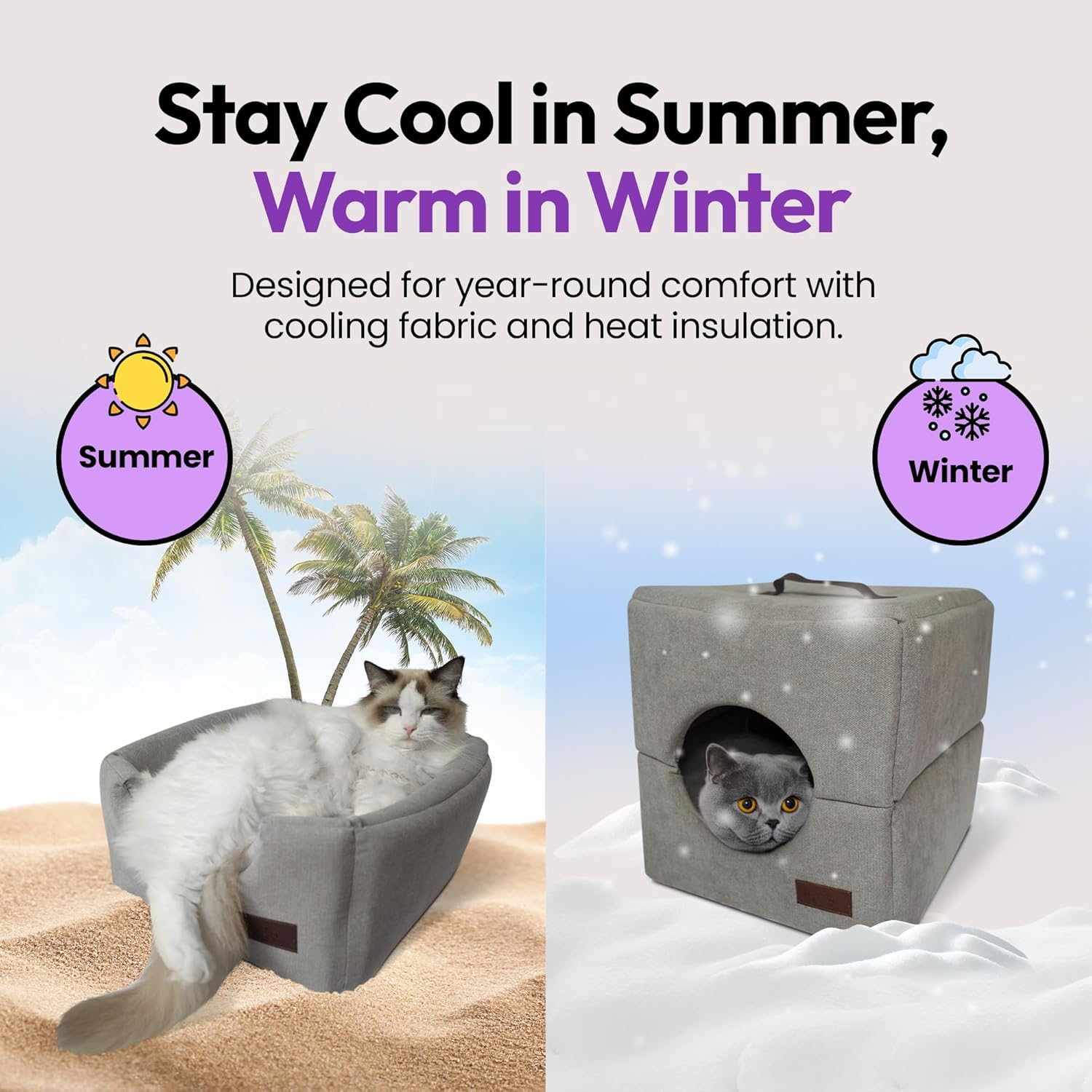 PURRZ Foldable Cat Cube Bed Cave with Leather Handle &ndash; Anti-Stain, Machine Washable Indoor Cat House &ndash; Soft Enclosed Cat Bed for Kittens & Adult Cats &ndash; Modern Grey Hideaway, Portable & Durable image number 6