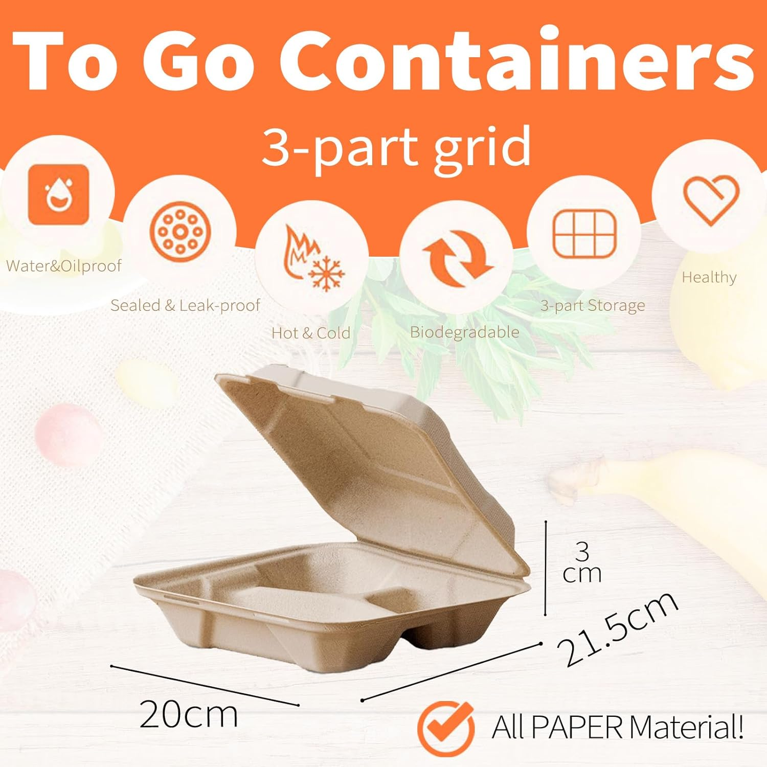 100% Compostable Take Out Food Containers, Disposable Flip-Top Box - 50Pack 8X8" 3-Compartment Heavy-Duty Lunch Box with Lid, Eco-Friendly Biodegradable Paper Fiber to Go Containers for Food