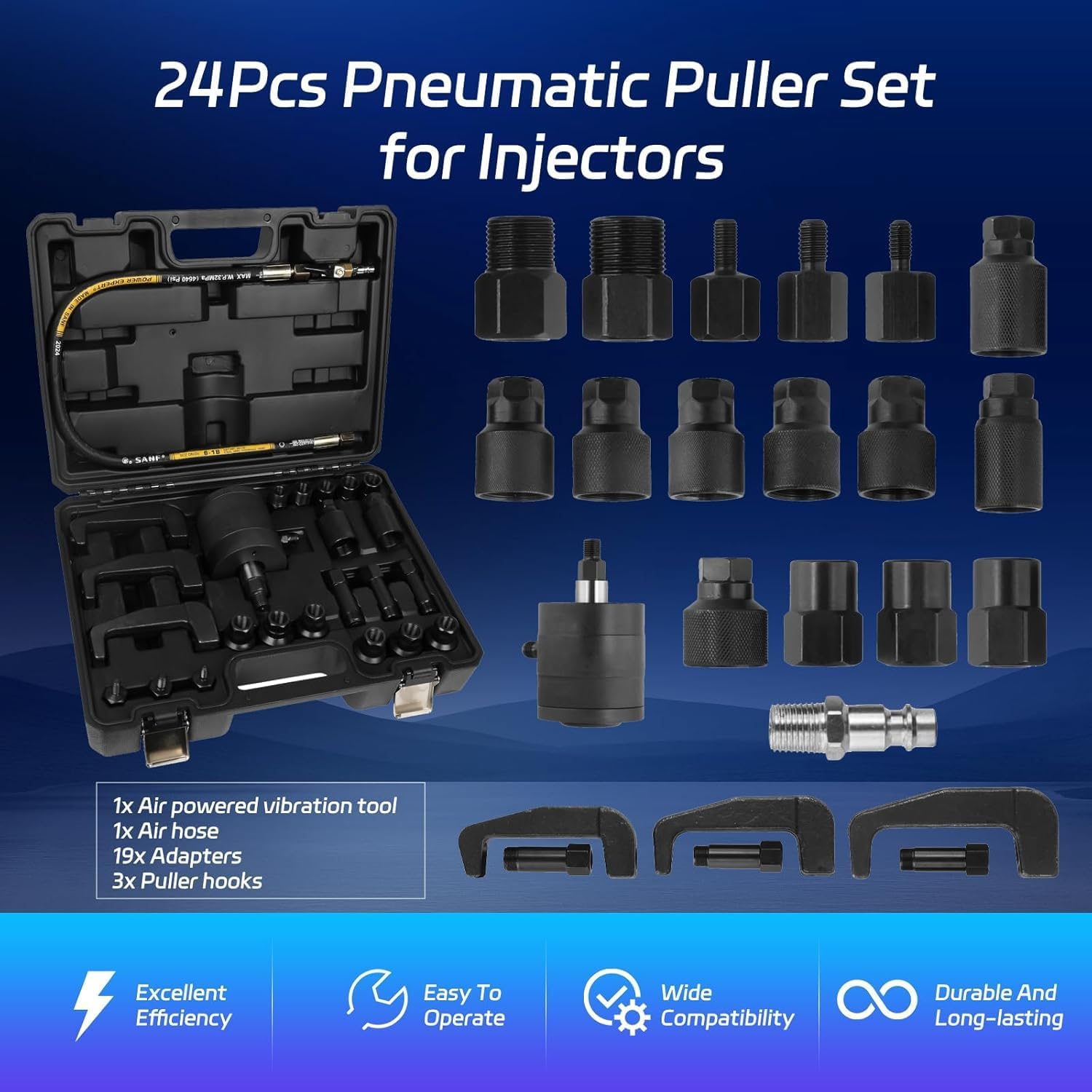 Pneumatic Injector Puller Set, 5-8 Bar Air Vibration Diesel Fuel Injector Removal Tool Set of 25 with Extractor Hammer, 19 Adapters, Extension Hose, UK and JP Connectors image number 6