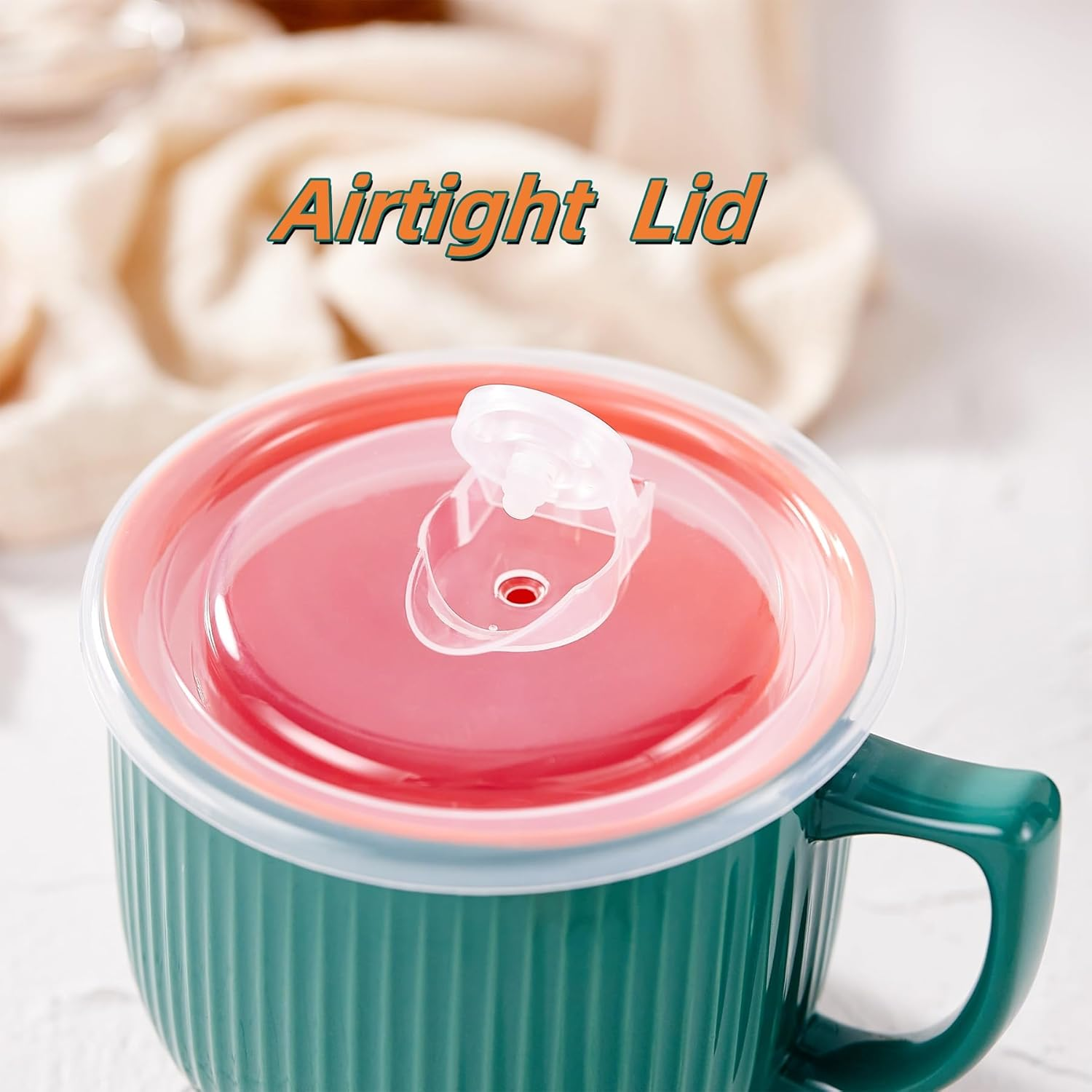 900Ml/32Oz Ceramic Soup Bowl with Handle & Lid - Microwave & Dishwasher Safe Large Ramen Bowl for Noodle, Cereal, Salad Soup Container with Lid - Green - Grey/Yellow image number 2