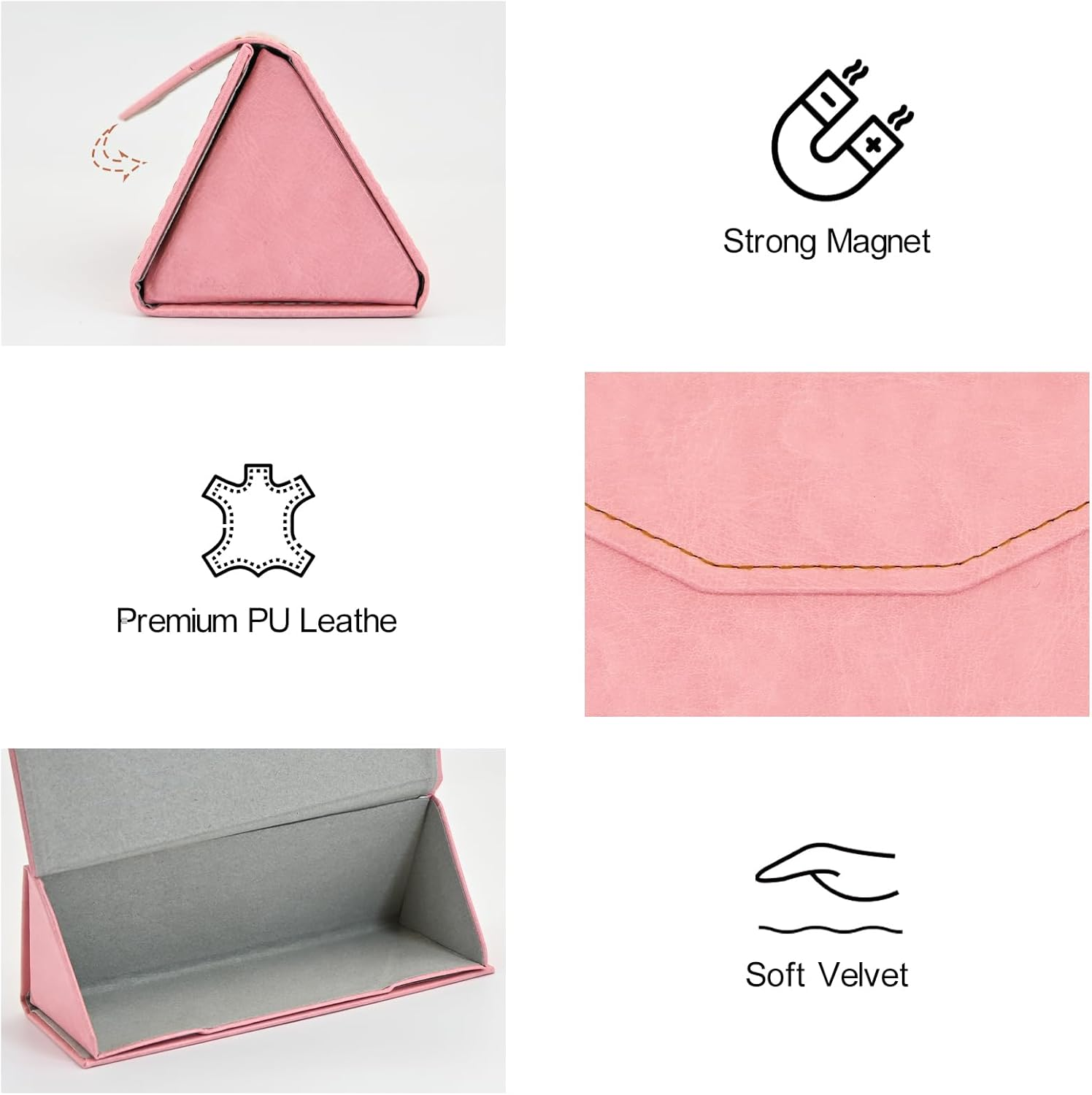 Foldable Eyeglass Case with Cleaning Cloth & Pouch - Magnetic PU Leather Glasses Case - Portable & Lightweight Sunglasses Storage Triangular Fold Reading Glasses Eyewear Protector Box for Men & Women - Coffee image number 5
