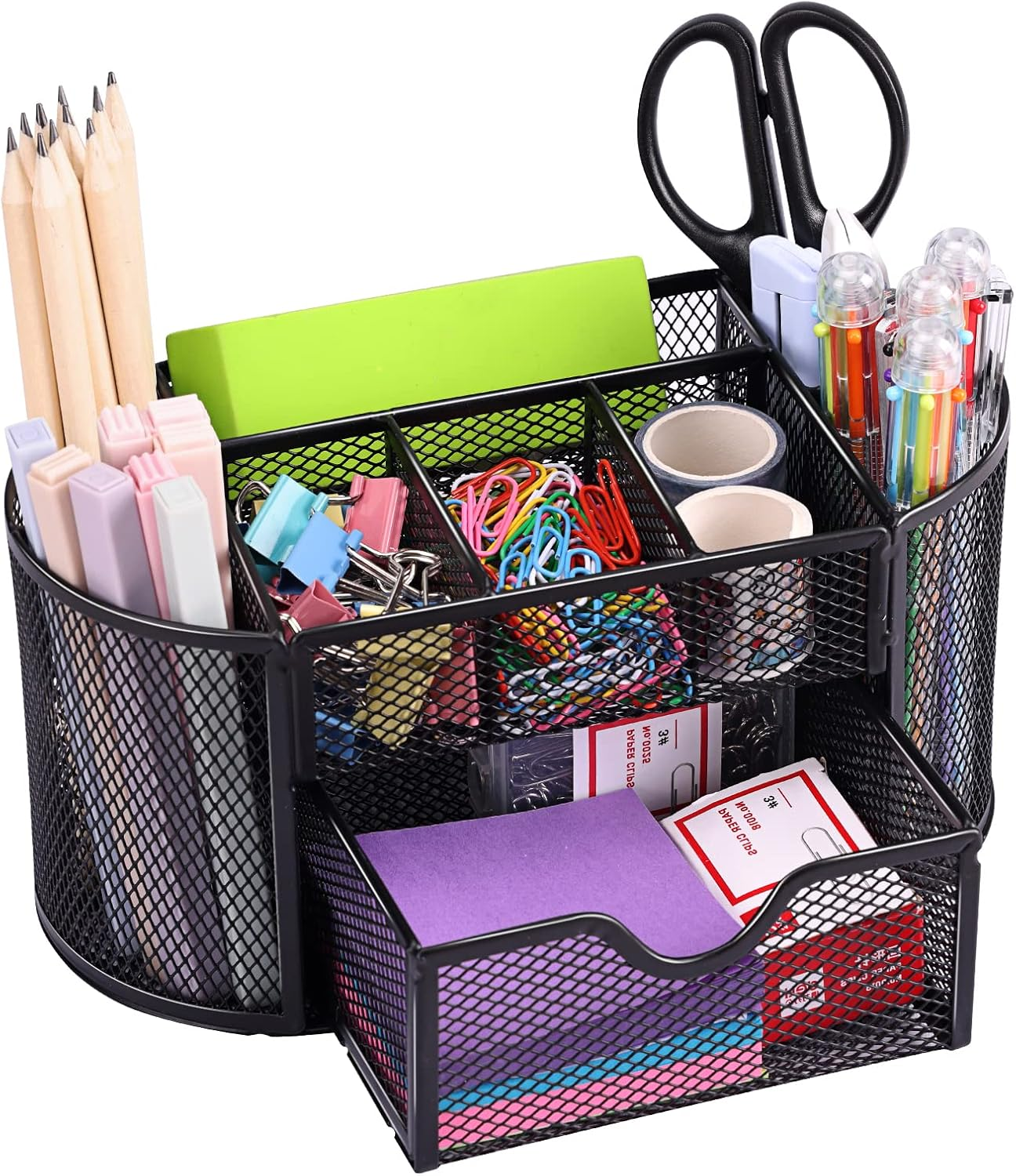 EOOUT Desk Organizer, Pencil Holder for Desk, Mesh Office Desk Accessories with 8 Compartments and 1 Drawer Stationery Holder School Supplies image number 5