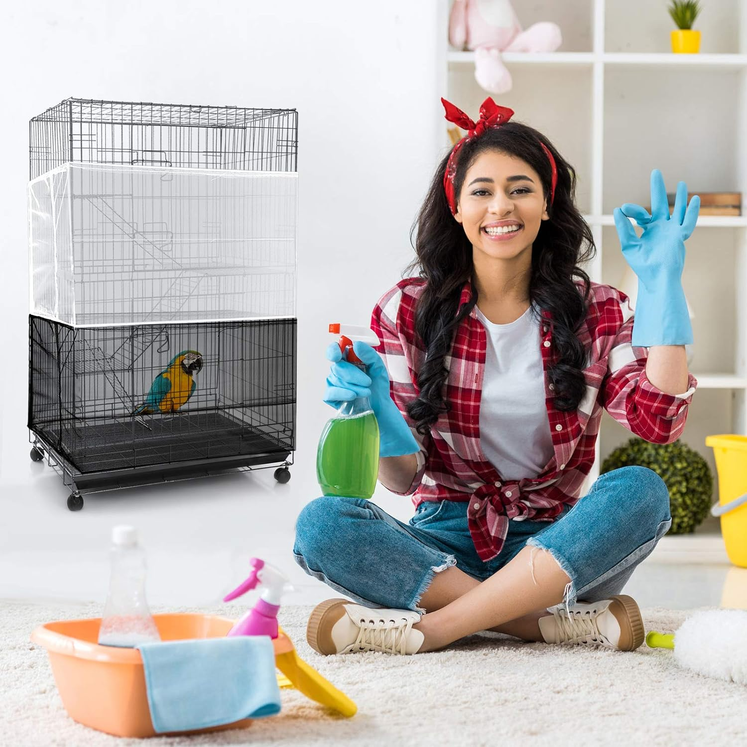 3 Pieces Large Adjustable Bird Cage Cover Seed Feather Catcher Birdcage Nylon Mesh Net Cover Soft Skirt Guard for Parakeet Macaw African round Square Cage (78 X 15 Inch in Circumference and Width) image number 6