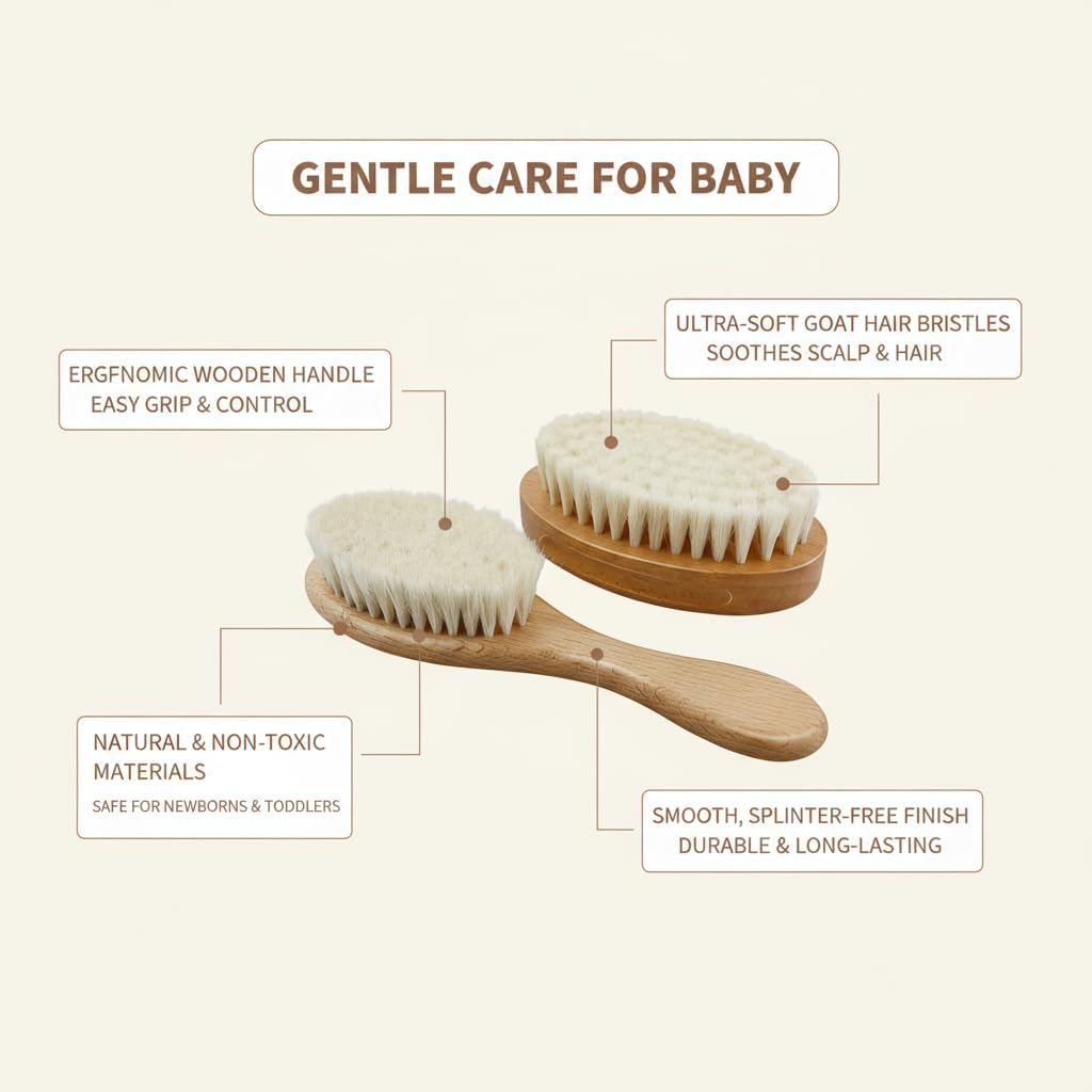 Baby Hair Brush, Wood Handle Goat Bristles Brush and Oval Natural Wool Comb for Newborns & Toddlers, Good for Cradle Cap Brush 2PCS image number 1