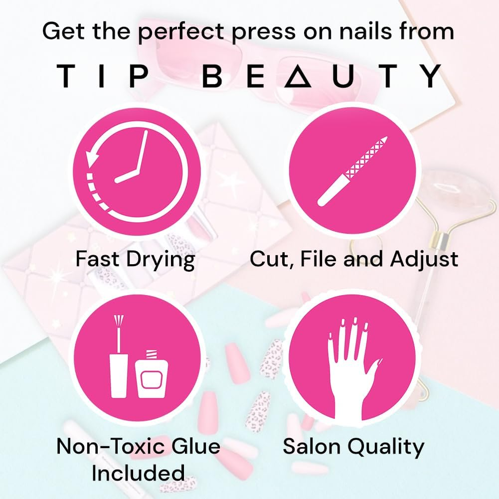 Tip Beauty Coffin Collections | 28 Faux Nails & Specialized Nail Glue | Quick Drying Professional Salon Quality Glue on Fake Nail Kit | Faux Nails for Women, False Nails for Kids (Multi Color Aysemetrical French Manicure) image number 3