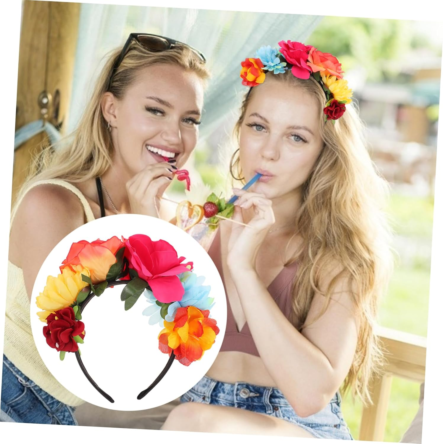 Attractive Hawaiian Rose Flower Headband, Wide Band Floral Hairband for Women, Party Decorative Hair Accessory Red and Orange Roses, Vacation Headdress for Warm Season Events image number 5