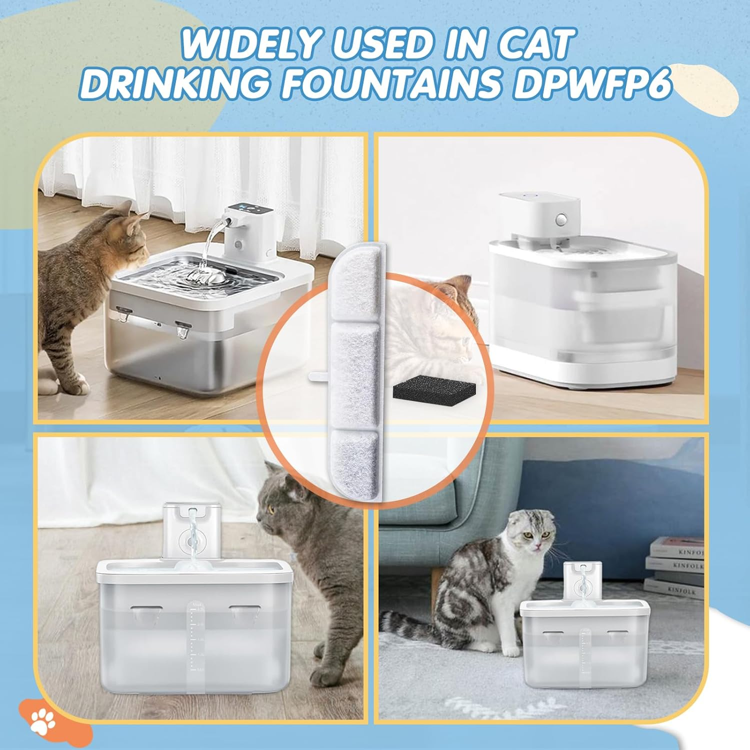 HAVANSIDY 12Packs Replacement Filters Compatible with Downy Paws Cat Water Fountain - Triple Filtration Filters for Downypaws 84Oz/2.5L Wireless Pet Fountain DPWFP6 (12 Filters & 12 Sponges) image number 4