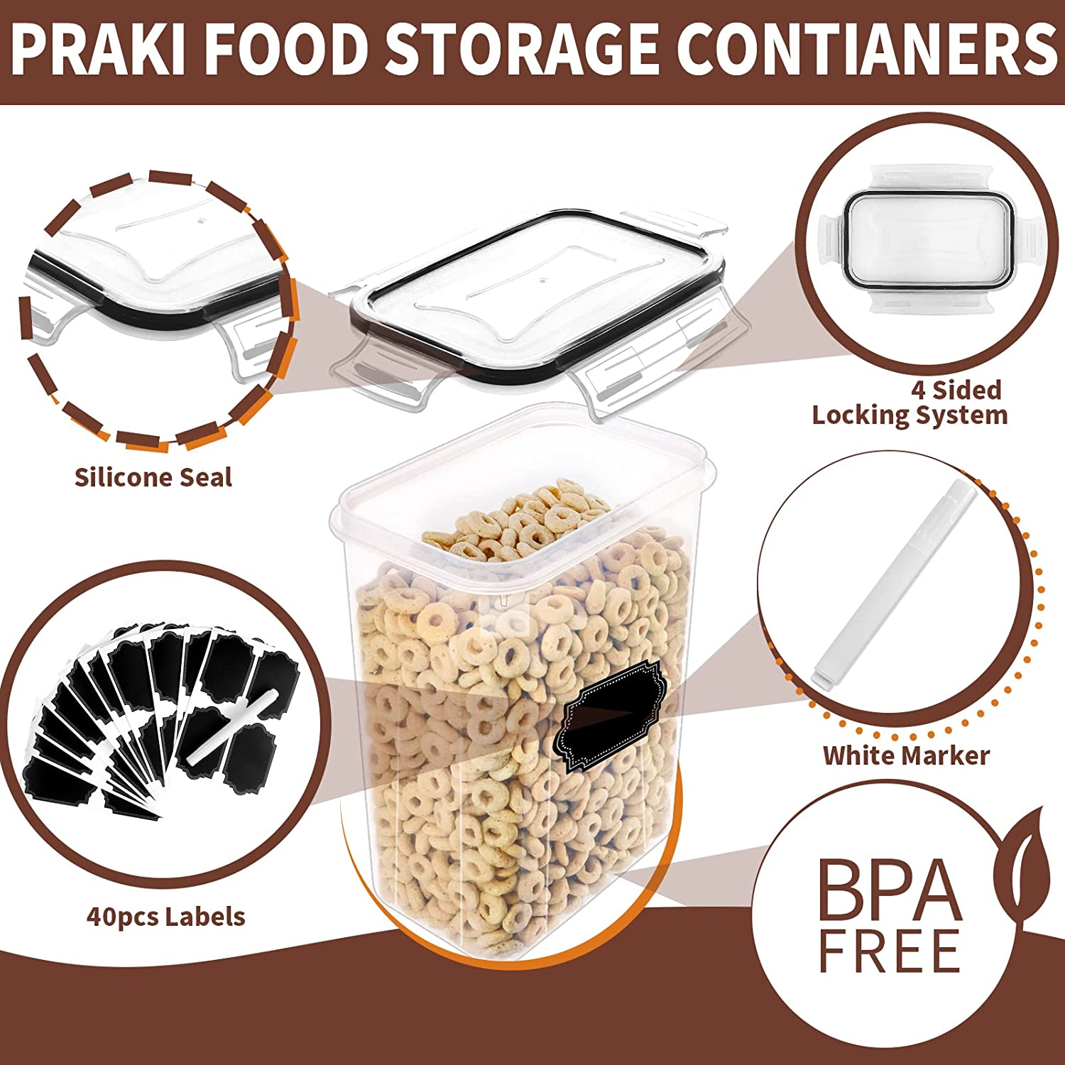 PRAKI Airtight Food Storage Containers Set with Lids - 24 PCS, BPA Free Kitchen and Pantry Organization, Plastic Leak-Proof Canisters for Cereal Flour & Sugar - Labels & Marker image number 1
