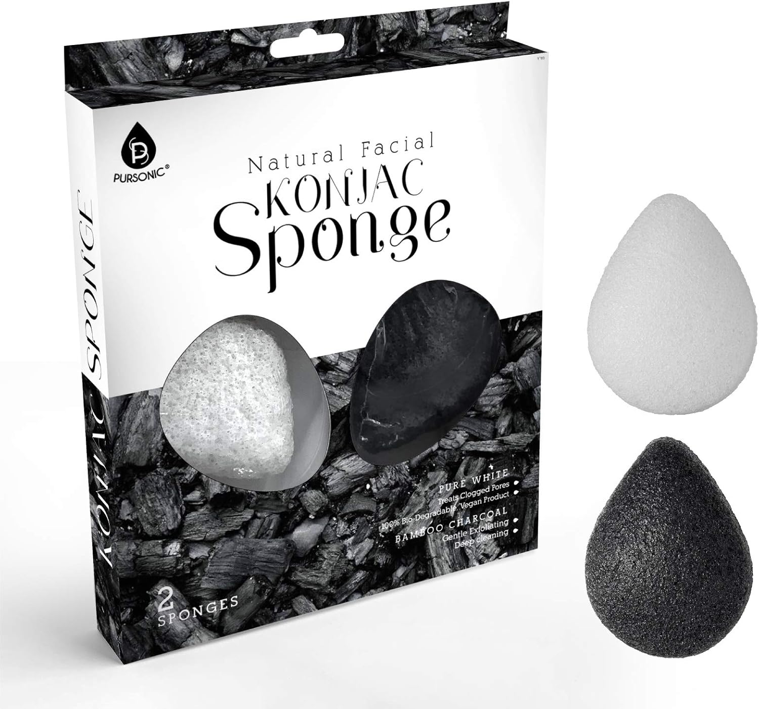 Pursonic Natural Konjac Bamboo Charcoal Facial Sponge for Gentle Face Cleansing and Exfoliation, Helps with Clogged Pores 100% Bio-Degradable,Vegan Products, 2- Pack image number 3