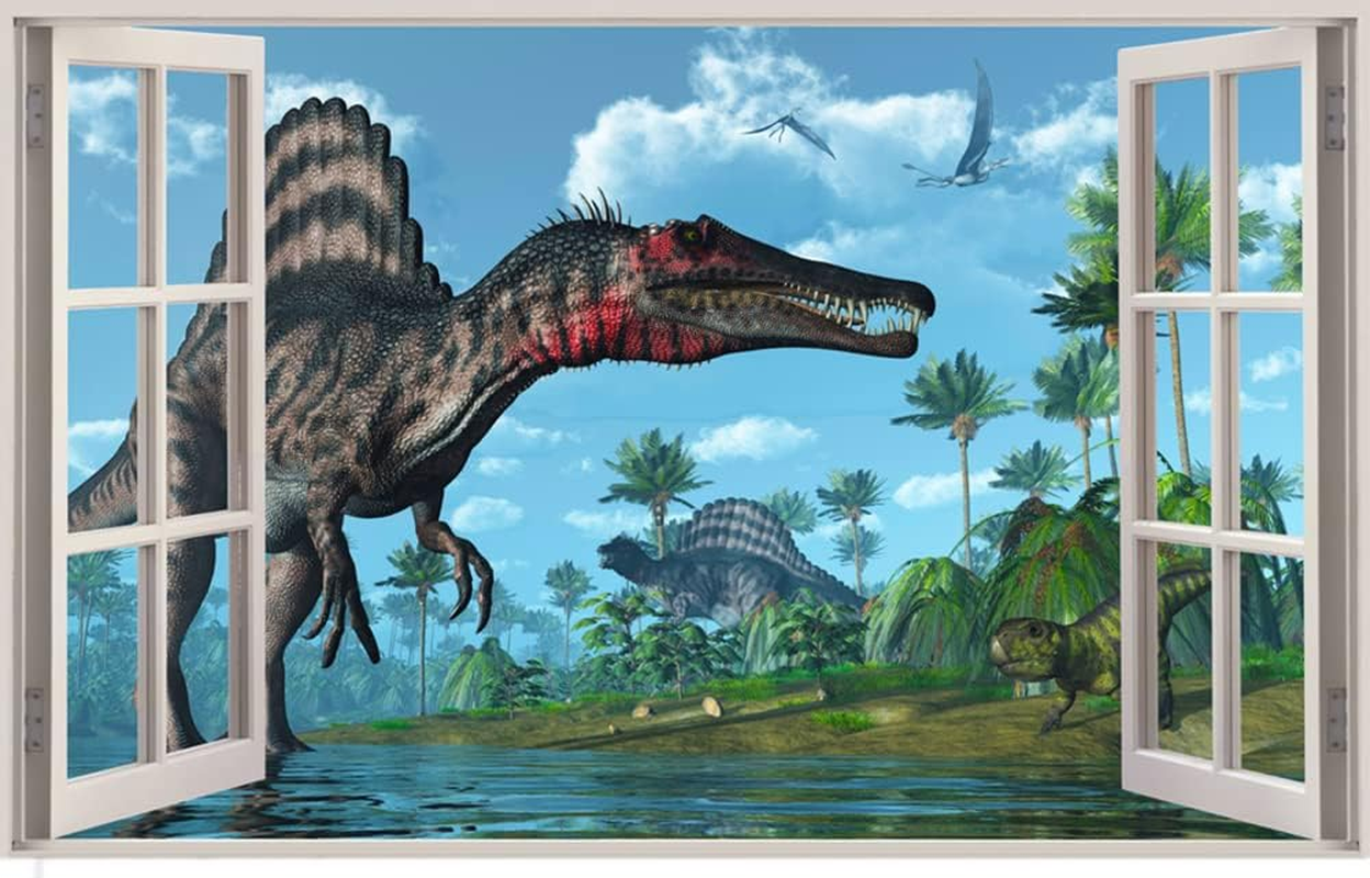 YOWOCAL 3D Watercolour Dinosaur World Fake Windows Wall Sticker,Self-Adhesive Removable Open Windows Wall Decals for Kids Nursery Bedroom Playroom Home Classroom Decor（27''X17''） image number 1