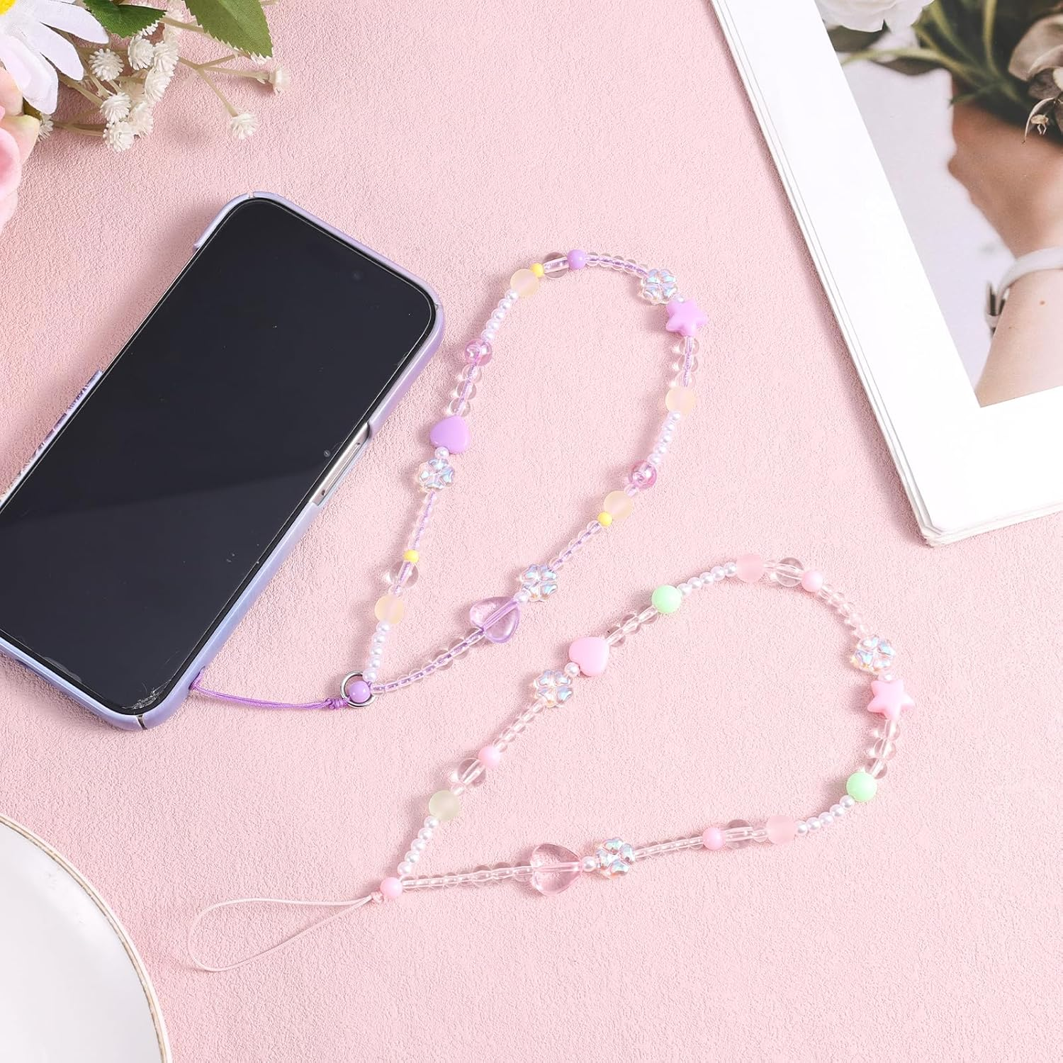 Mikovivi 2Pcs Beaded Phone Bracelet Strap, Love Four-Leaf Mobile Phone Chain Wristband Lanyard Anti-Lost Bracelet for Women Keychains Pendant Wallets Cameras Decoration, Medium, Resin, No Gemstone image number 4