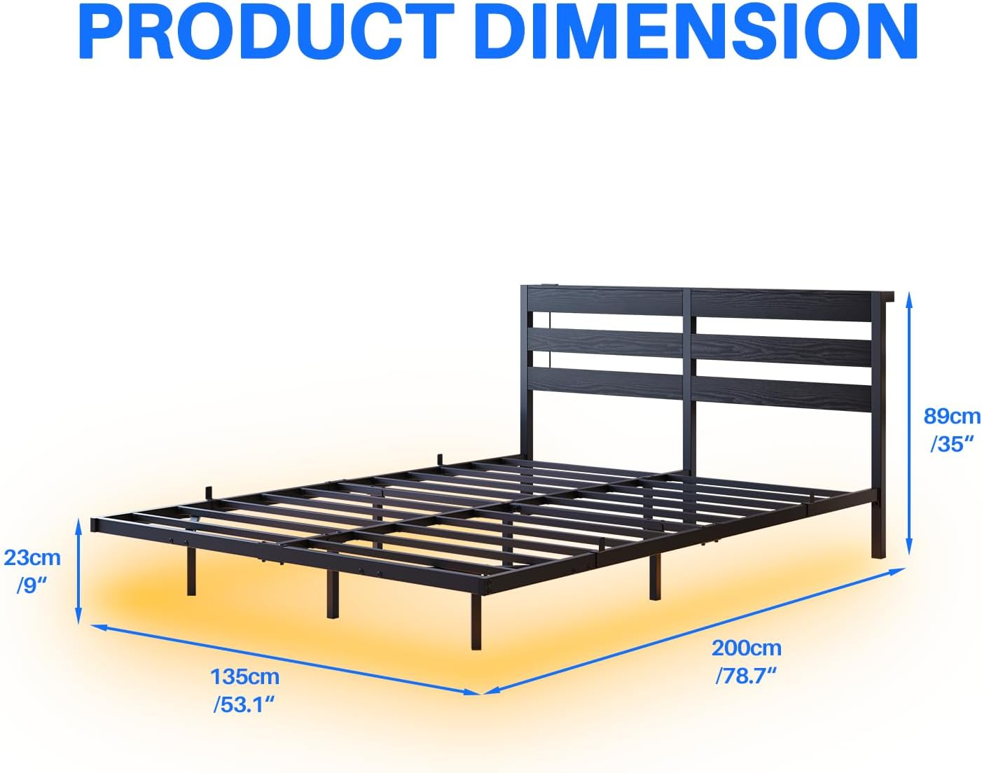 Double Floating Bed Frame with LED Lights and Storage Headboard &Charging Station, Metal Platform Bed Frame with Heavy Duty Steel Slats Black,No Box Spring Needed image number 4