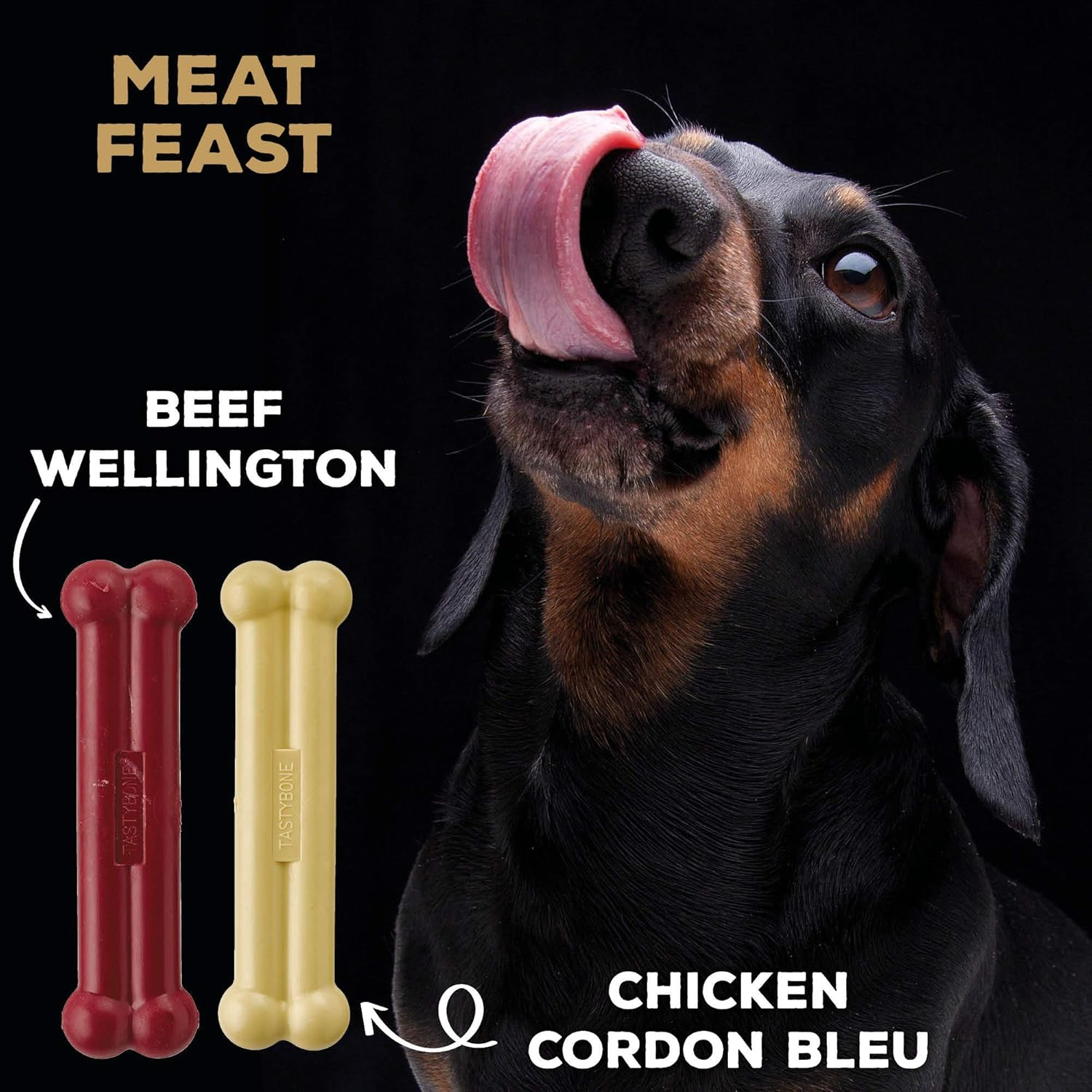 Tastybone Twin Pack Nylon Dog Chew Toys for Toy Dogs (Beef Wellington & Chicken Cordon Bleu) - Indestructible for Aggressive Chewers, Everlasting Flavour, Strong Healthy Teeth, Made in the UK image number 3