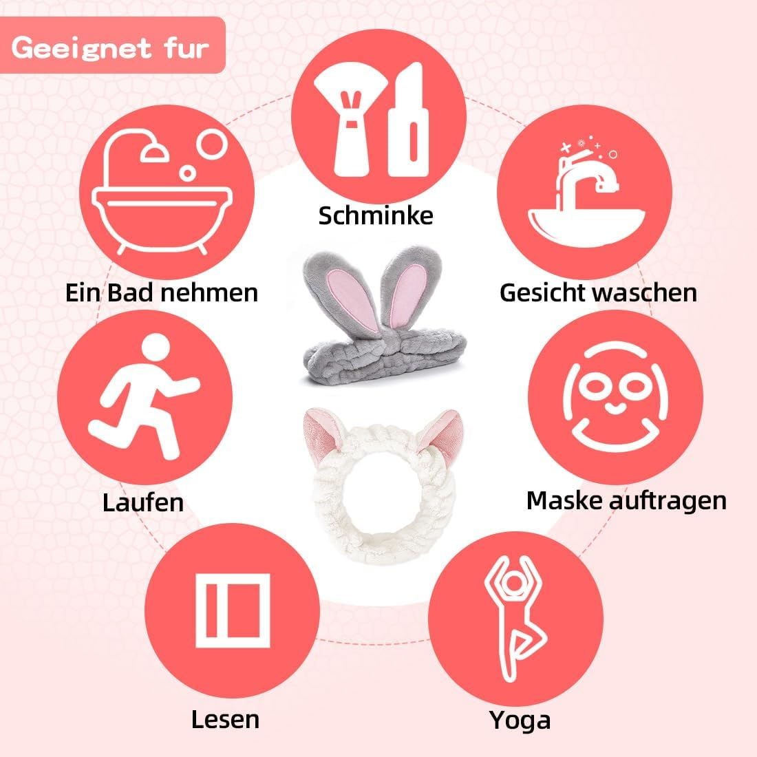 FUKPO Hair Band Cosmetic Rabbit Ears Cat Ears Make up Headbands Shower Hair Band Washing Face Cosmetic Headband Elastic Coral Fleece Hair Bands Women'S Yoga Sport Spa Beauty Pack of 2 image number 5