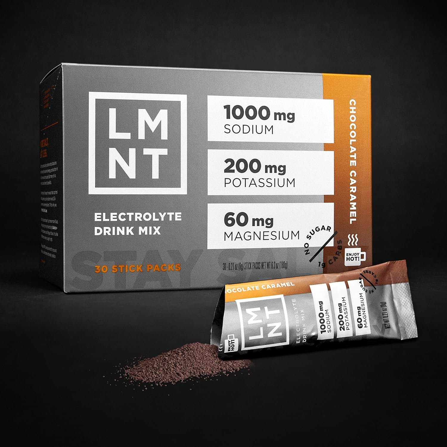 LMNT Chocolate Electrolyte Caramel Salt Sugar Free Sugar or Artificial Ingredients Suitable for Keto and Paleo 30 Sticks - Hot Chocolate and Coffee Mixer image number 1