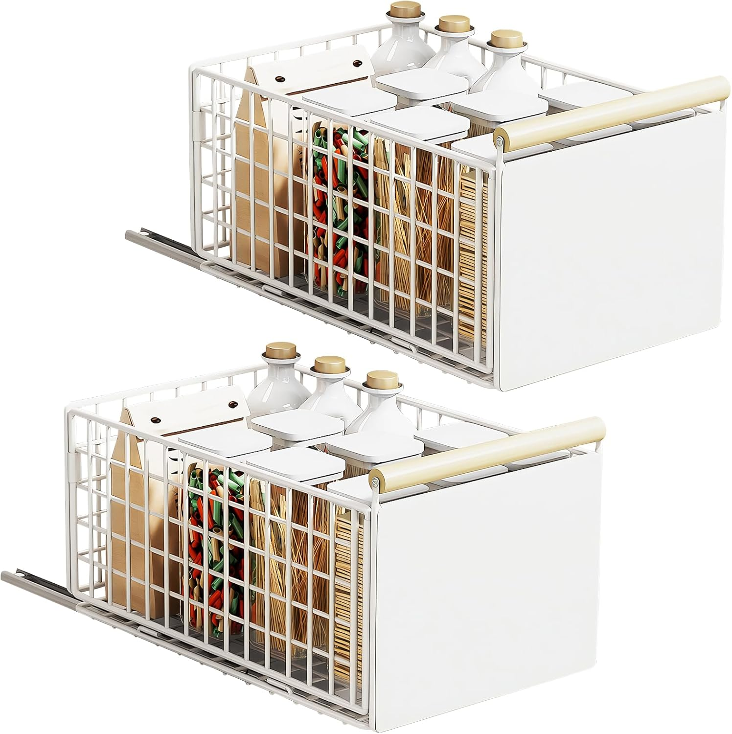 2 Pack Large Foldable Pull Out Cabinet Organizer with Wooden Handle, Slide Out Drawers for Cabinets, Peel and Stick, Heavy Duty Shelves for Kitchen, Cupboard, Pantry (2Pack Large) image number 5