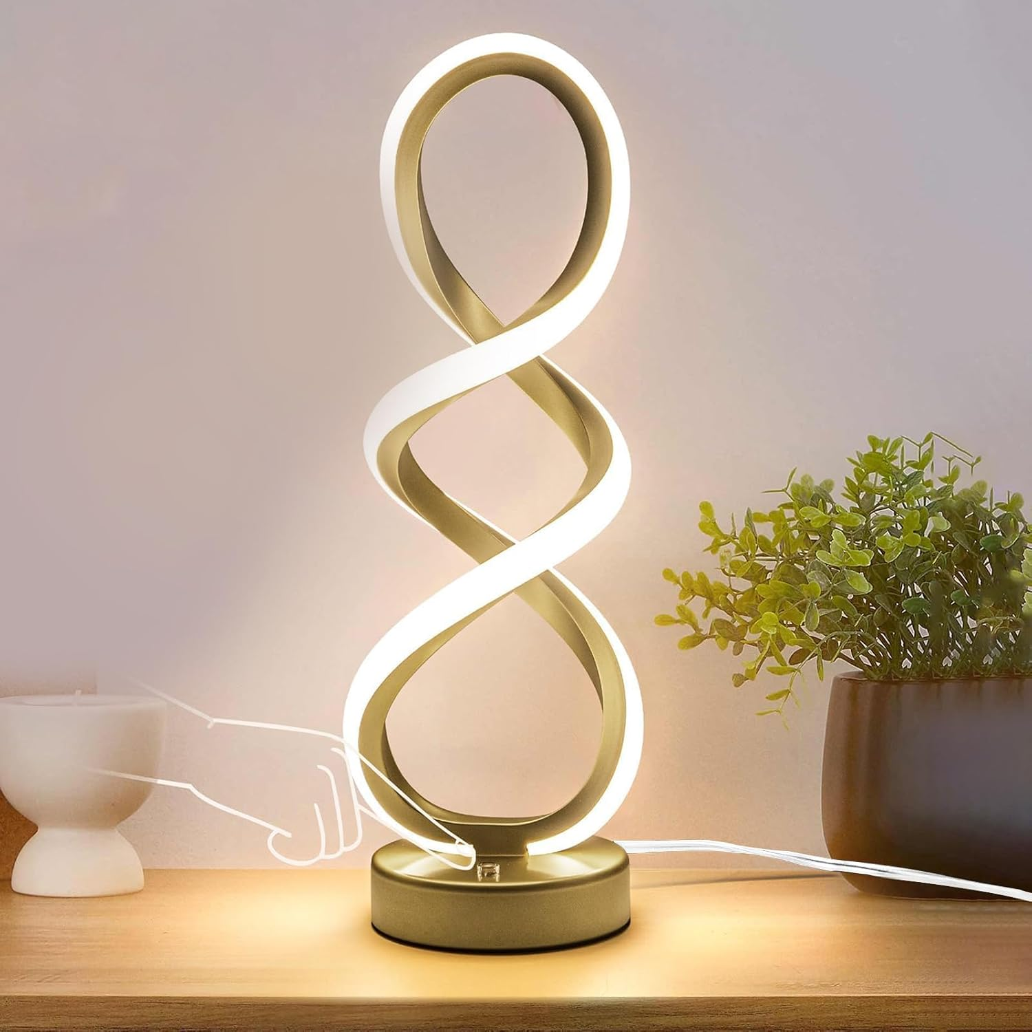 Modern Spiral Table Lamp, Bedside Lamp with Dimmable Metallic Bedside Lamp with Touch Controller, 3 Colour Temperature, Decorative Lamp for Living Room for Bedroom, Living Room, Home Office