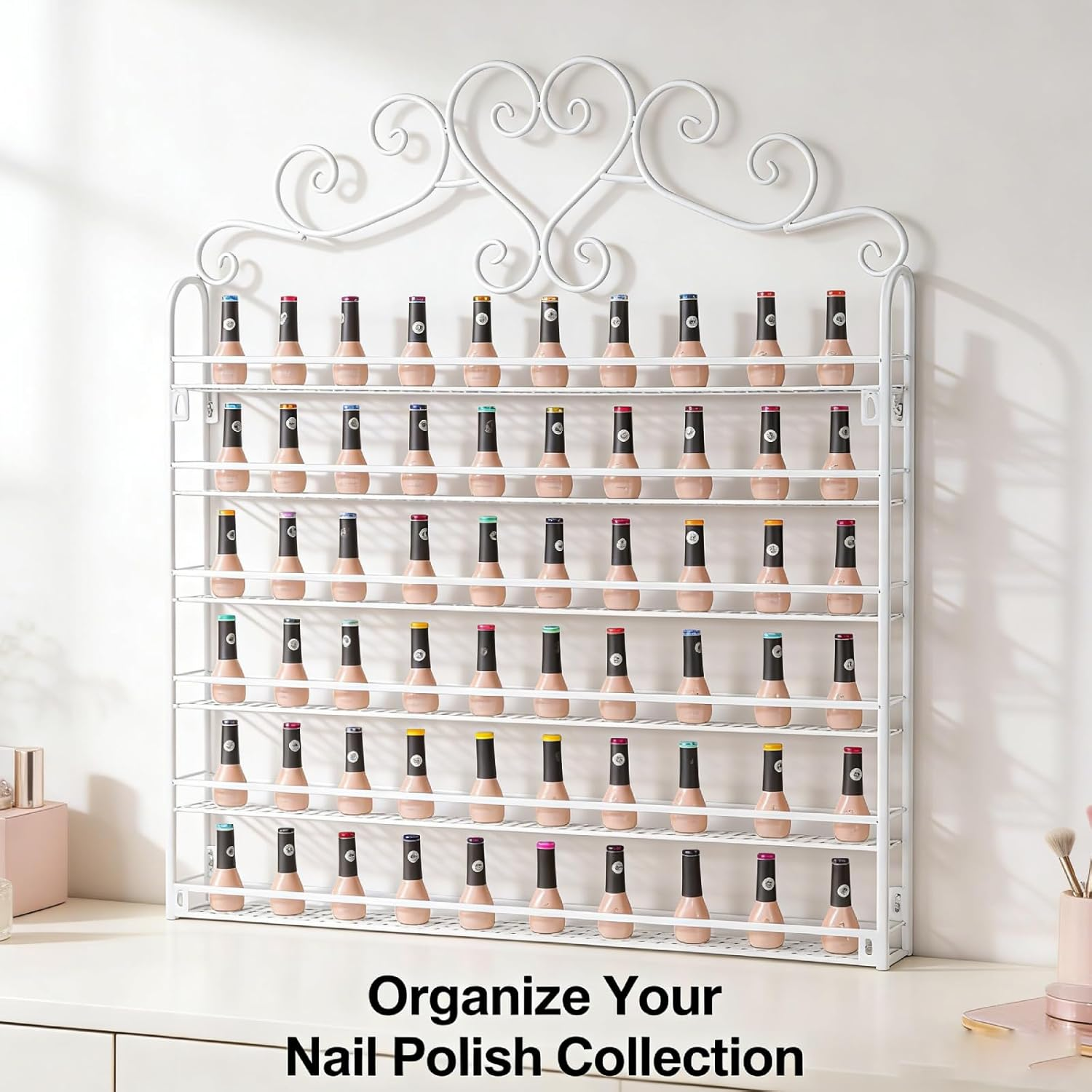 NUMNBE 6-Tier Metal Nail Polish Storage Elegant &ndash; Large 180-Bottle Nail Polish Holder, Space-Saving Display Shelf for Salon & Home, Durable Wall-Mounted Nail Polish Organiser in White image number 1