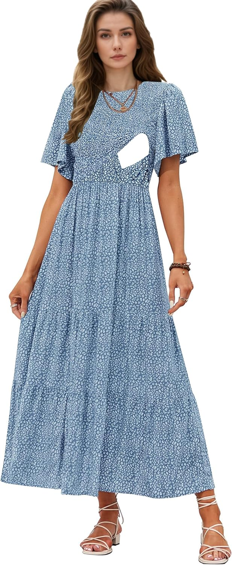 Womens Nursing Dress Summer Floral Print Short Flutter Sleeve Crew Neck Smocked High Waist Flowy Maxi with Pockets