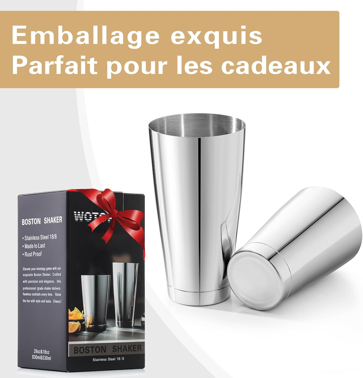 WOTOR Boston Cocktail Shaker Set 530 Ml & 830 Ml Stainless Steel Weighted Shaker Cans, Metal Martini Shaker, Beverage Mixer for Bartending, Professional Bar Tools for Bartender (3 Pack) image number 1