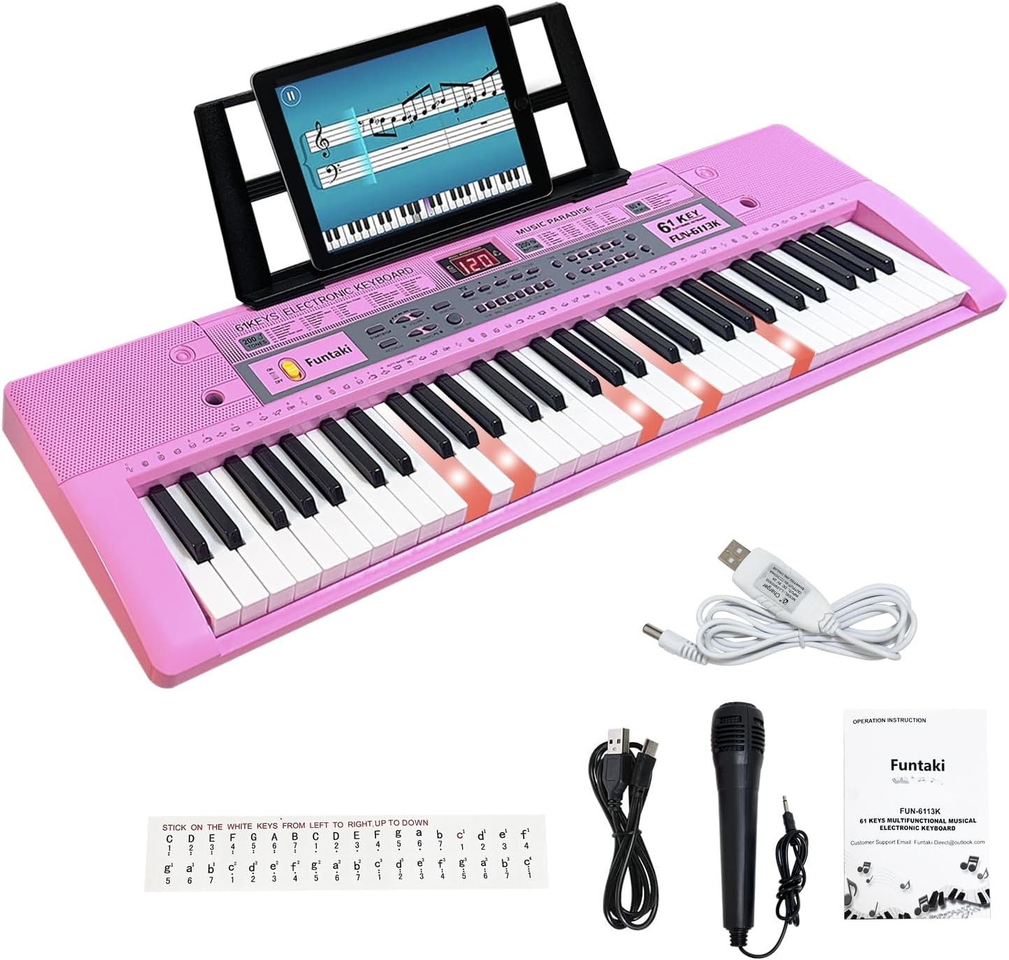 Funtaki 61 Key Electric Piano Keyboard with Lighted Keys, Digital Portable Synthesizer Keyboards with Stand, Mini Music Keyboard Pianos for Beginners Kids Adults, White