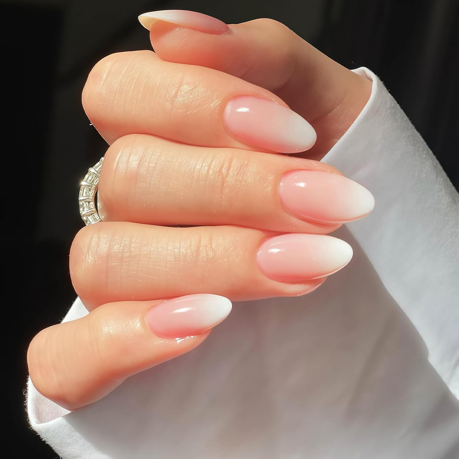 Pack of 24 Press on Nails Almond - Pink Colour Gradient Artificial Nails Medium - Full Cover False Nails - Nude Gradient White Fingernails for Sticking on for Women and Girls (Pink White Ombre) image number 2