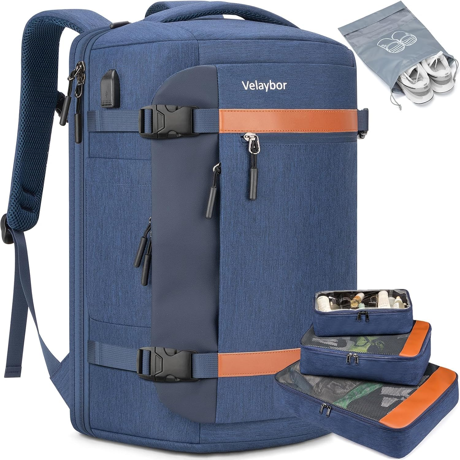 Velaybor 42L Travel Backpack with 4 Packing Cubes, TSA Friendly Flight Approved Carry-On Bag