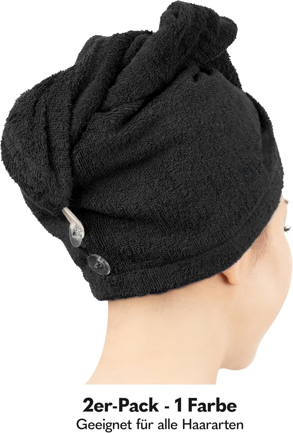 Hammetex 100% Cotton Women'S Hair Towels, Pack of 2, Fluffy, Quick Absorbent, Quick-Drying Hair Turban Hair Towels with Button, Black