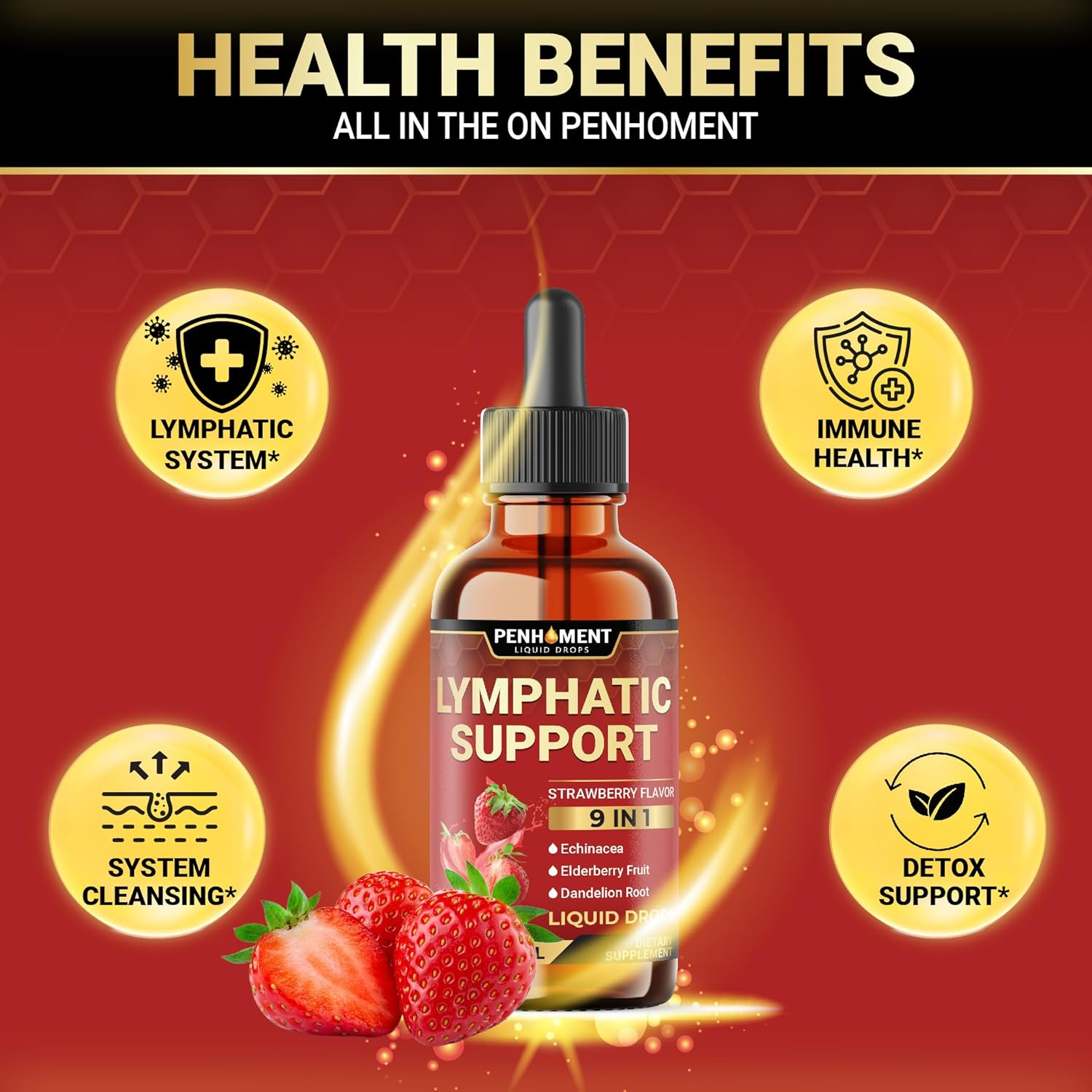 PENHOMENT 9In1 Lymphatic Drainage Drops Supplement - Echinacea | Elderberry | Dandelion | Rosehip | Cleavers | Calendula | Burdock - Lymph System Liquid Extract - Immune, Cleansing - 2 Fl Oz - 60 Days image number 4
