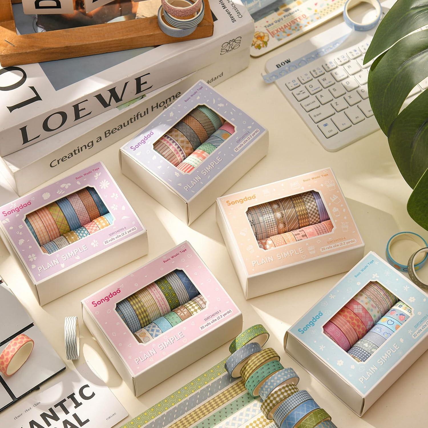 Songdao 20 Rolls Basic Washi Tape Set Japanese Arts Adhesive Tapes Simple Patterns Decorative Masking Tape Sets for Craft, Kids, Scrapbook, DIY, Gift Wrapping (Style One) image number 4